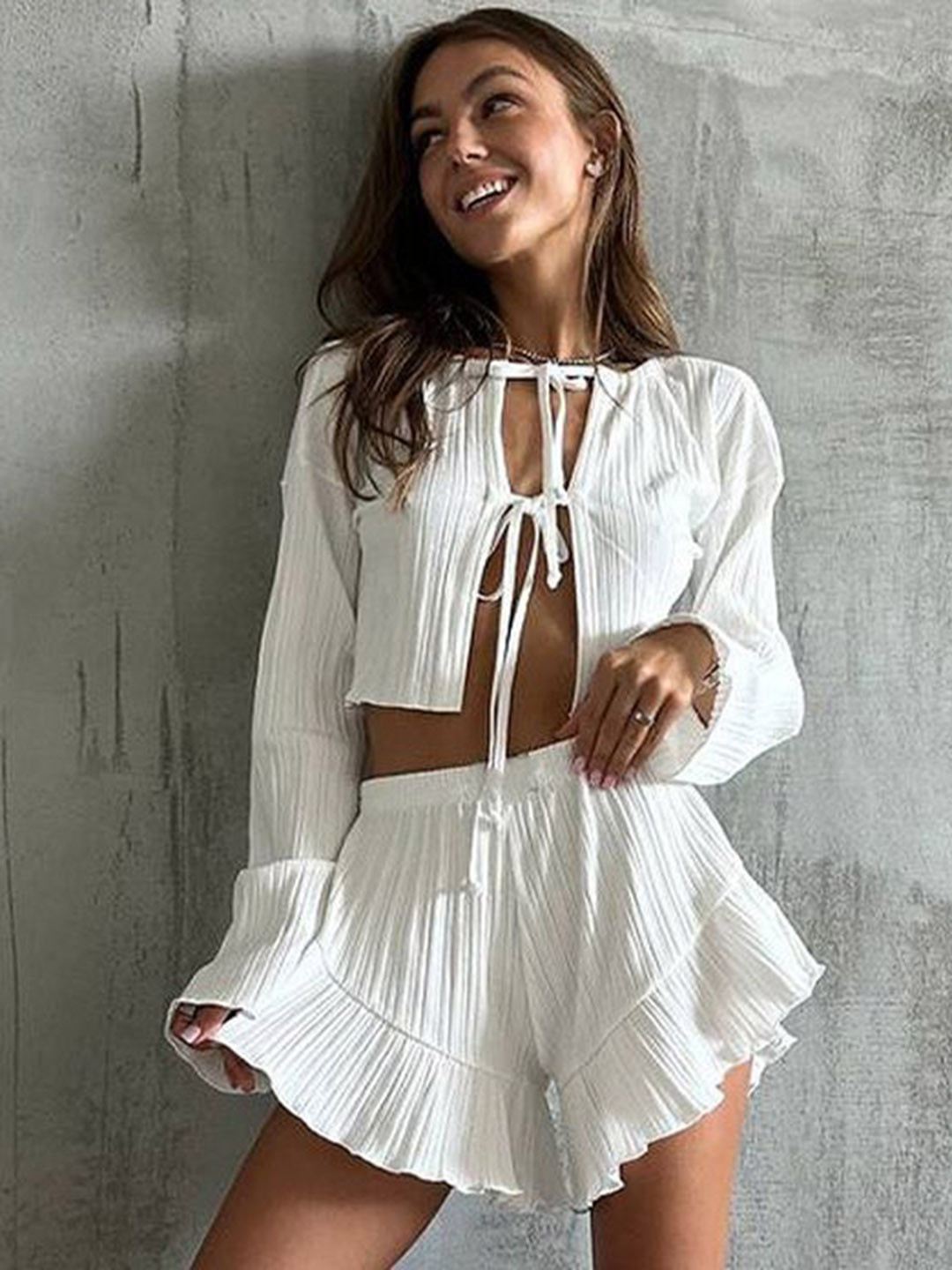 LULU & SKY Halter Neck Long Sleeve Top With Short Co-Ords