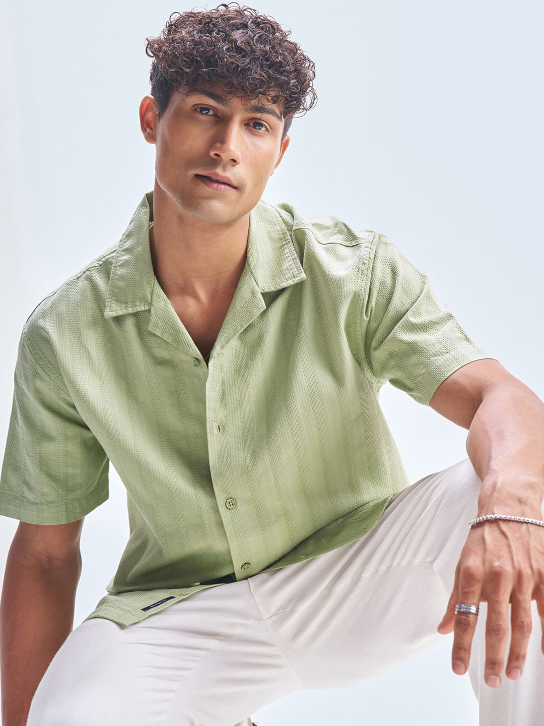 HIGHLANDER Textured Cuban Collar Cotton Relaxed Fit Casual Shirt