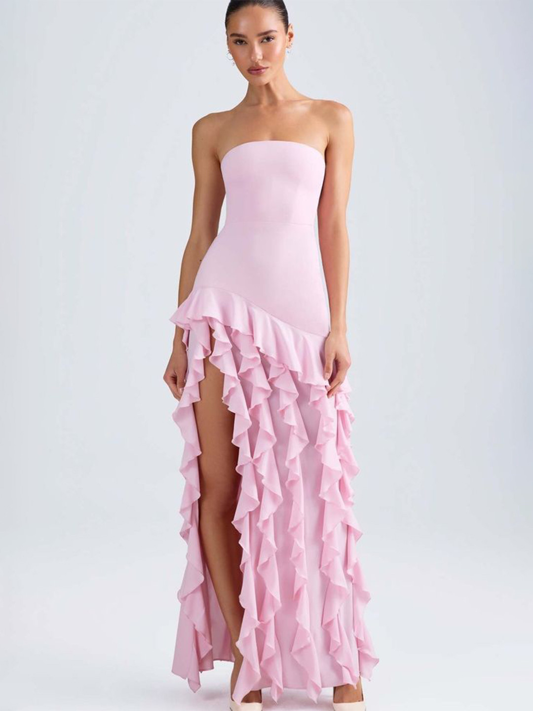 LULU & SKY Women Ruffles Slits Strapless Maxi Dress