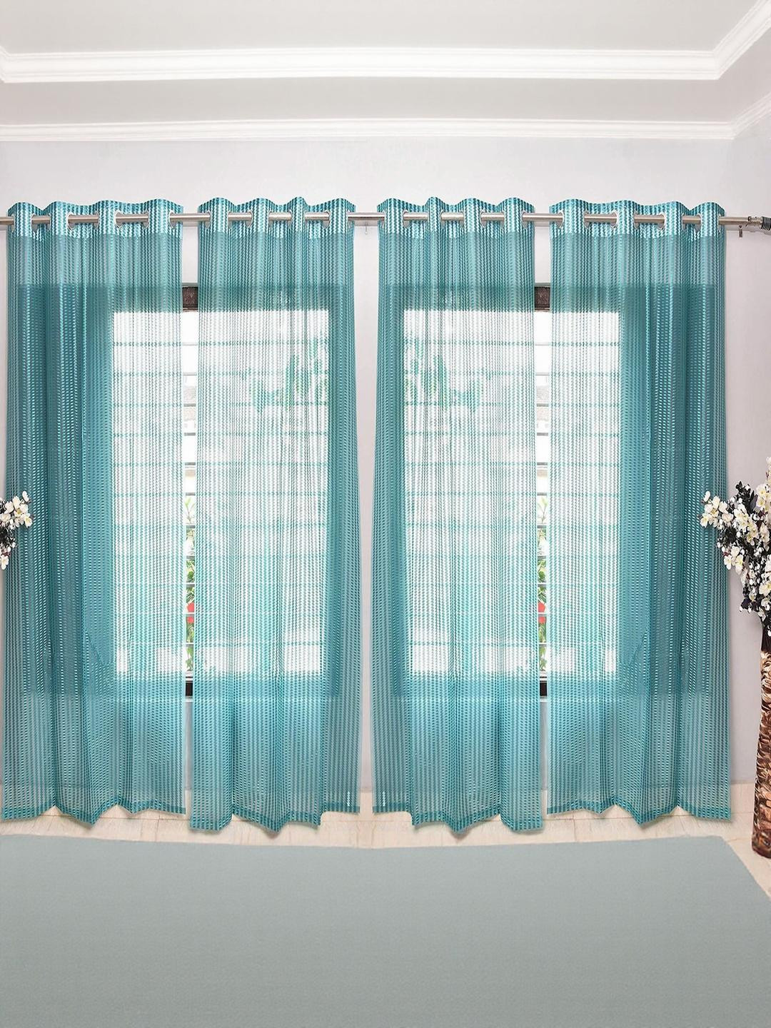 270 cm (9 ft) Tissue Transparent Long Door Curtain (Pack Of 4) (Self Design, Aqua)