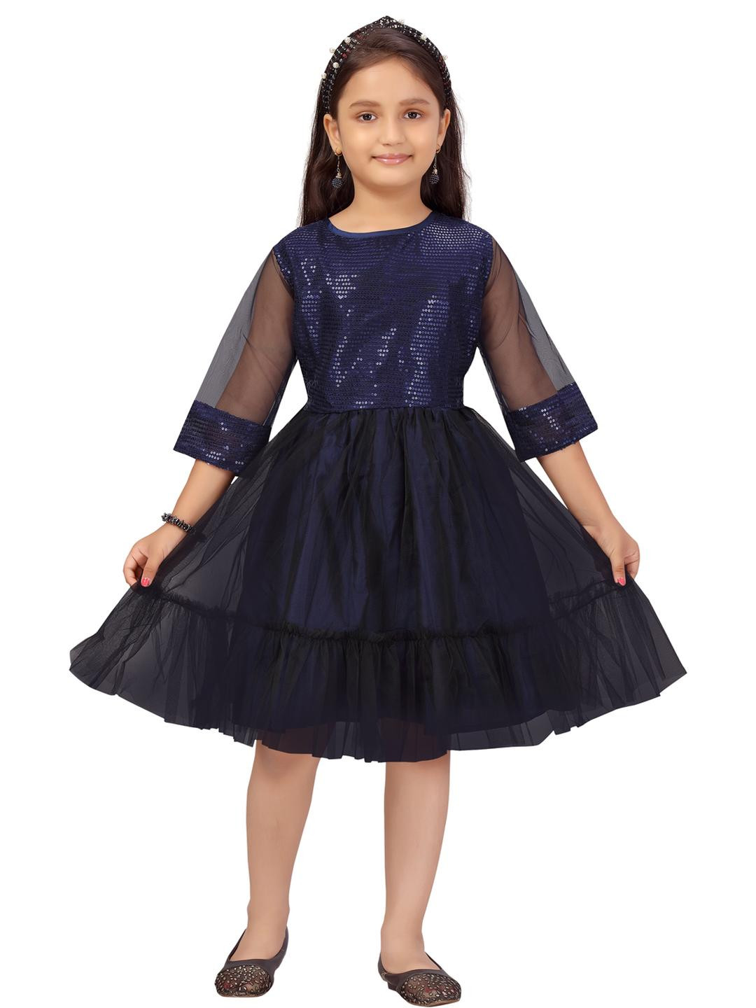 Muhuratam Kids-Girls Navy Blue Dresses
