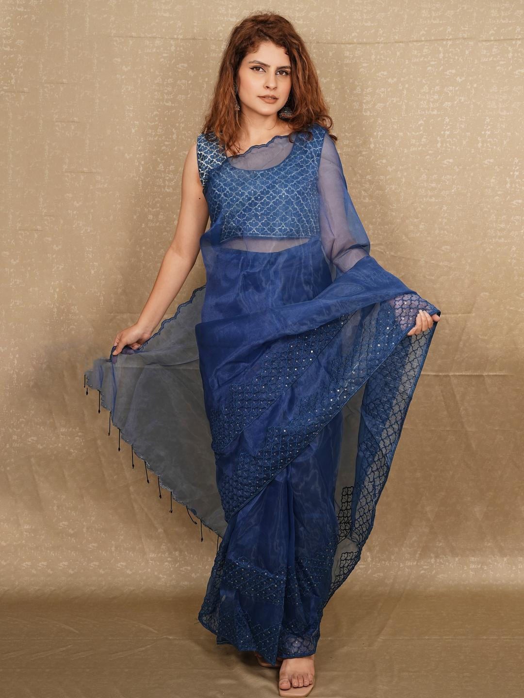 kriyafashion Women Teal Blue Floral Embroidered Organza Saree With Blouse Piece