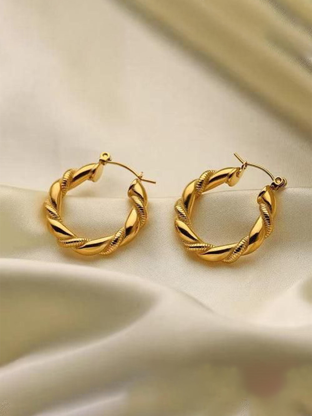 THEPANDASTOREE 18K Gold Plated Dual-Twist Rope Design Waterproof Hoop Earrings