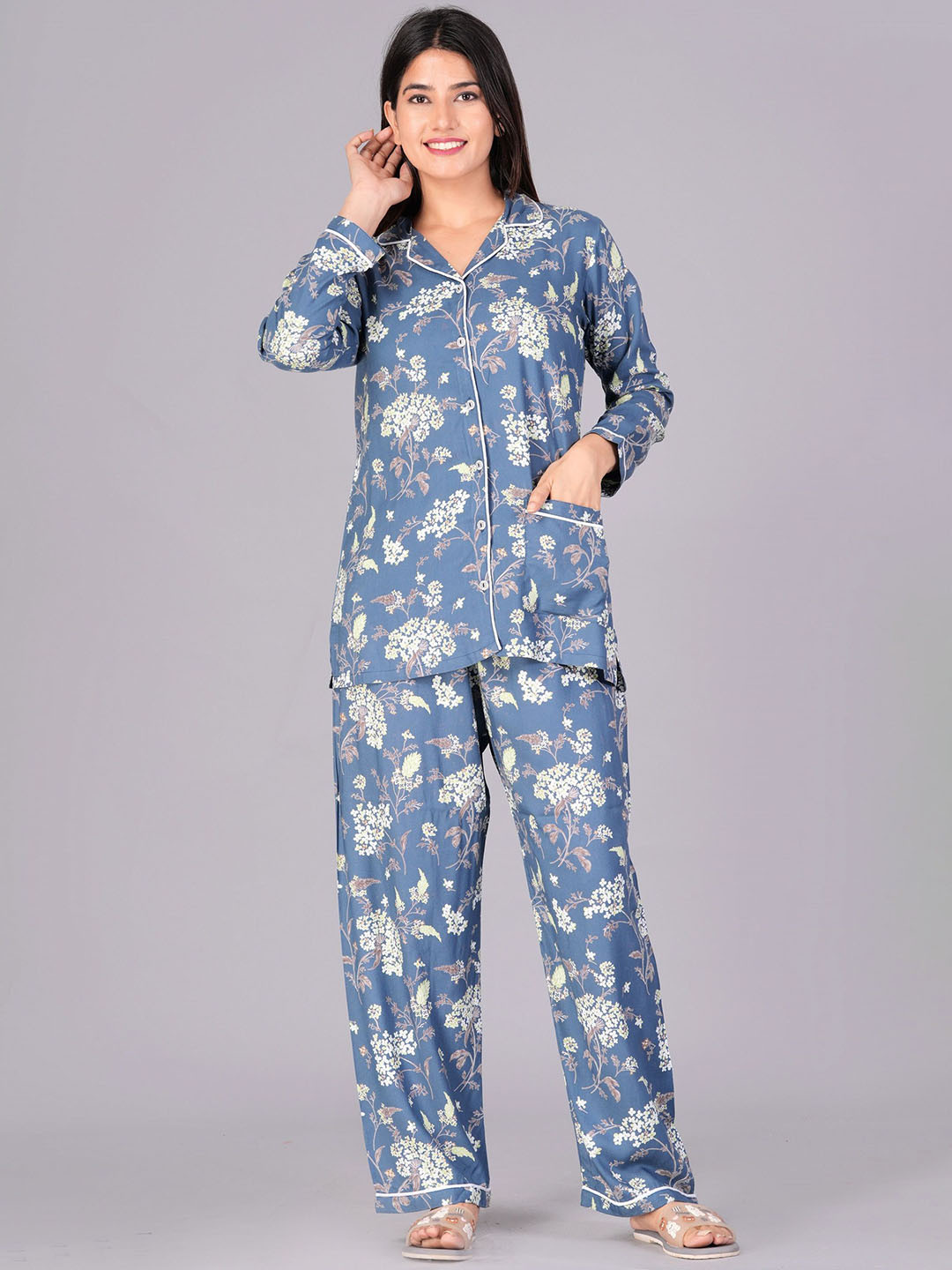 DAMMODE Women Floral Printed Lapel Collar Shirt And Pyjama Night suit