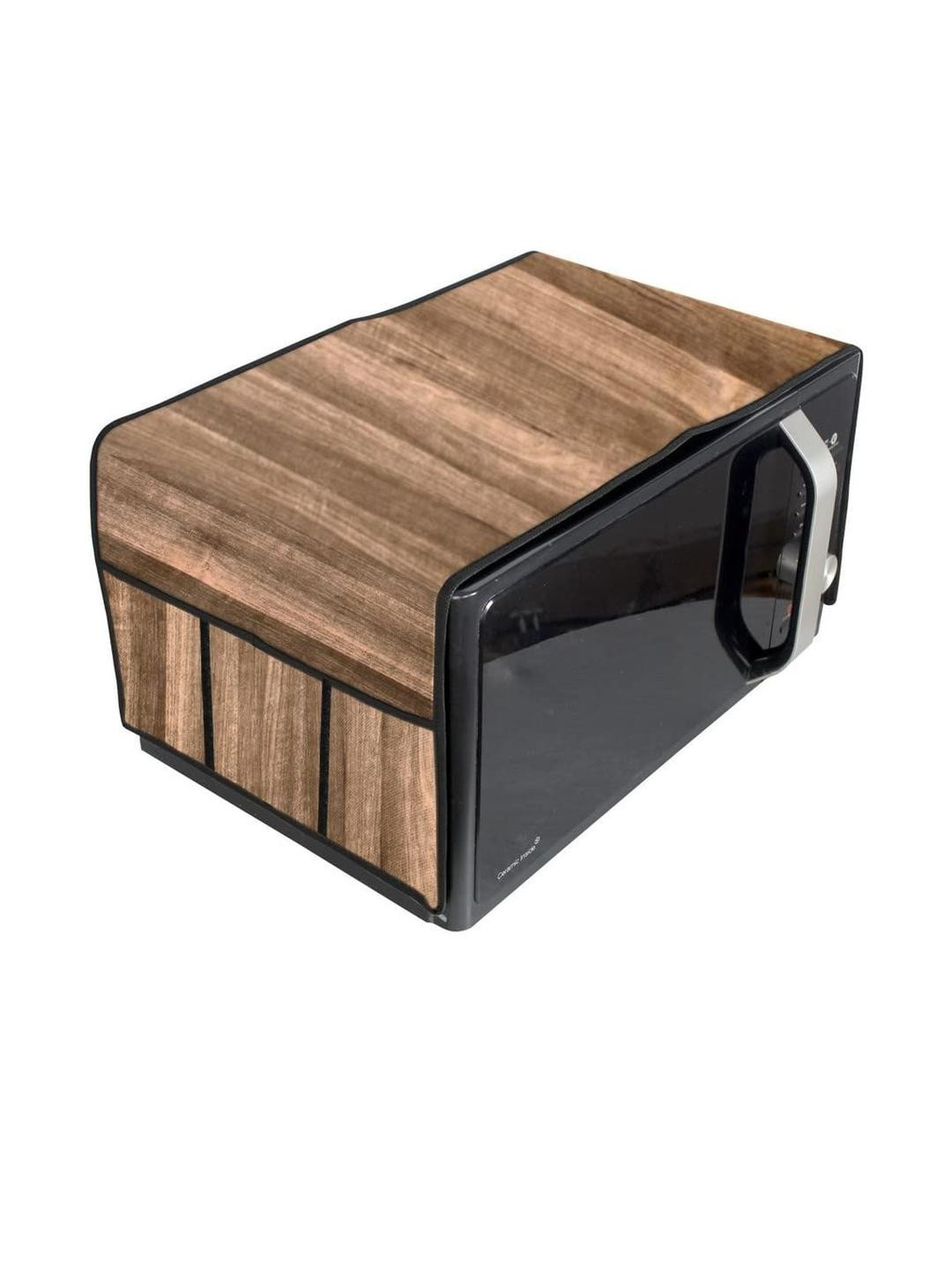 Waterproof & Dustproof PVC Microwave Oven Top Cover with 6 Utility Pockets Wood