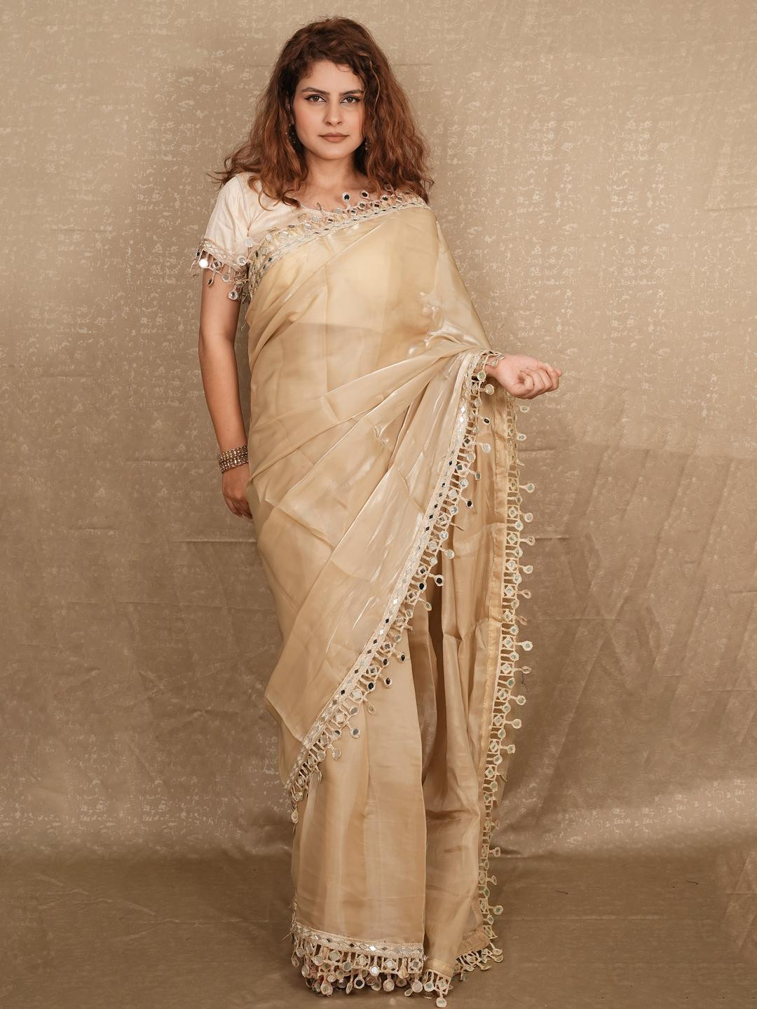 kriyafashion Women Beige Organza Saree