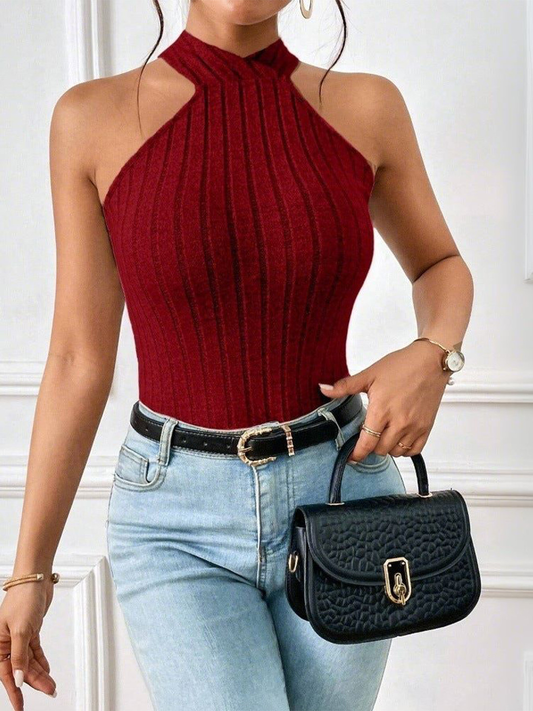 Outzidr Women Halter Neck Ribbed Top With Back Tie Up Bow