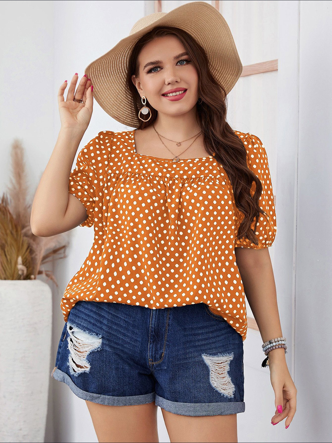 Sztori Women Plus Size Polka Dot Print Puff Sleeve Blouson Top