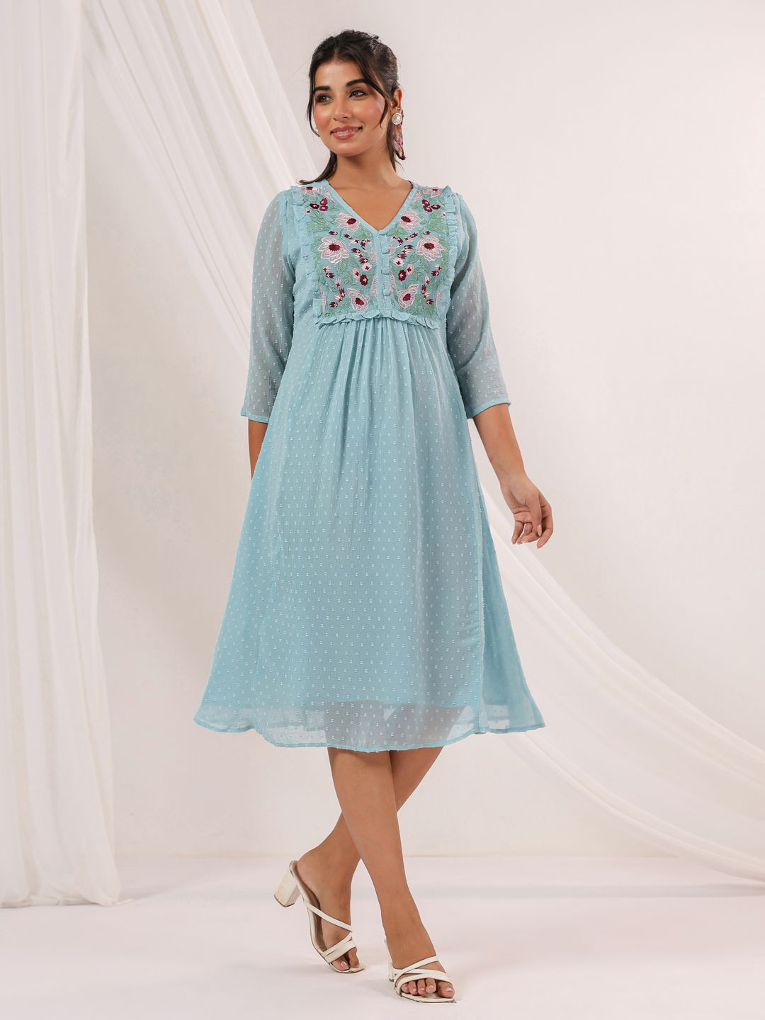 Janasya Women Light Blue Dobby Chiffon Embroidered A-line Midi Dress