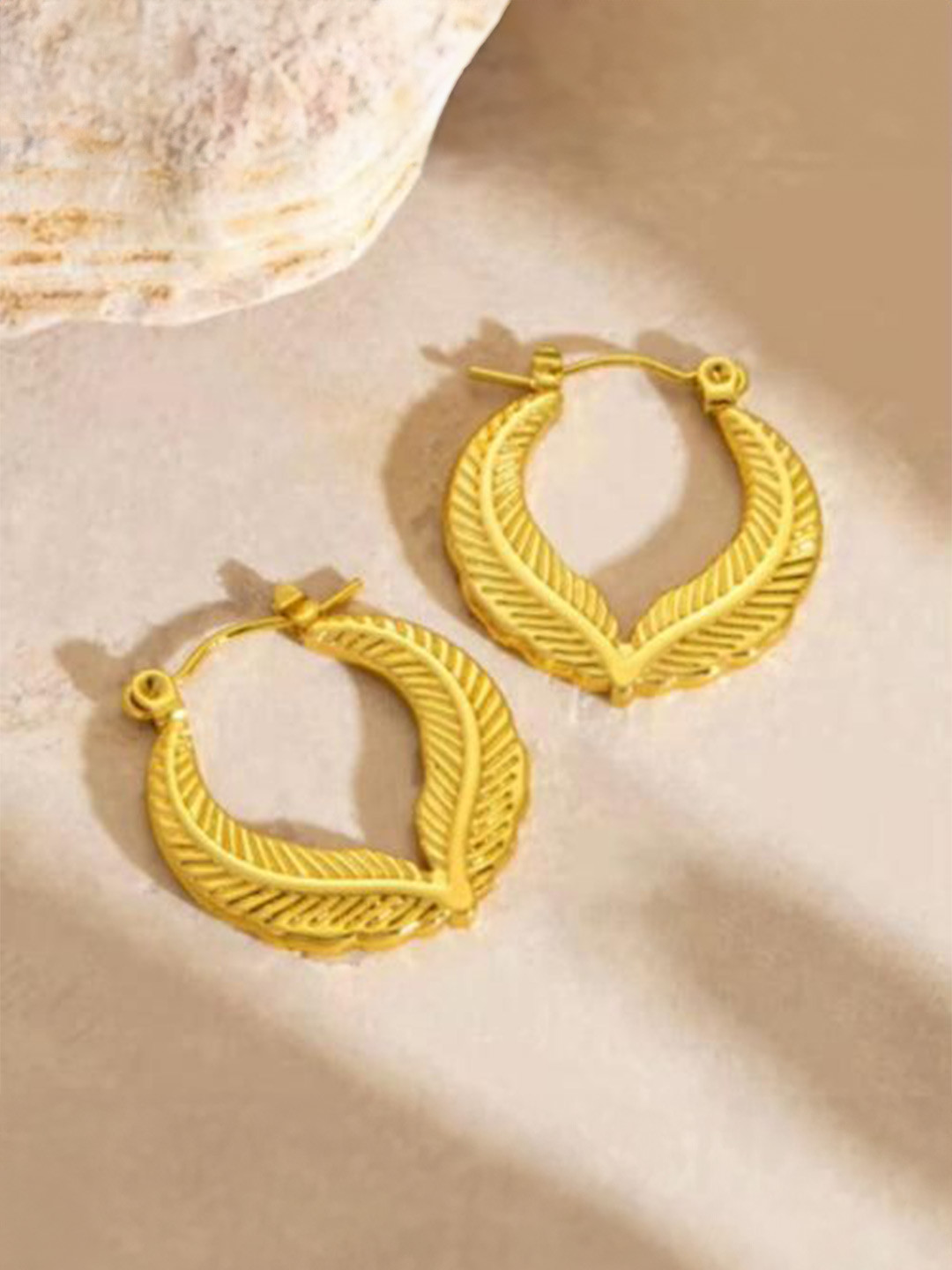 THEPANDASTOREE Gold Plated Stainless Steel Leaf Hoops for Women