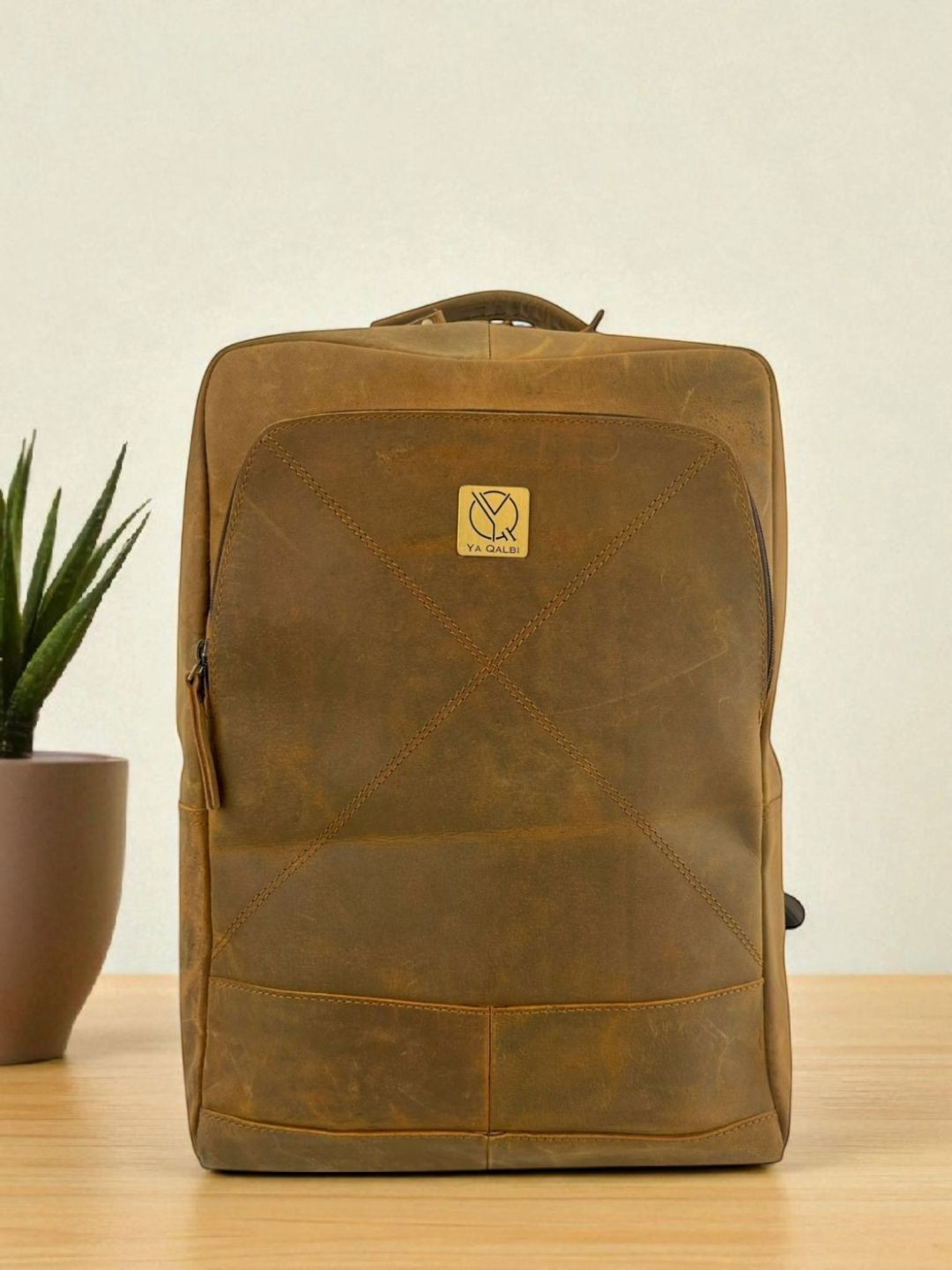 Ya Qalbi Unisex Compression Straps Geniune Leather Backpack