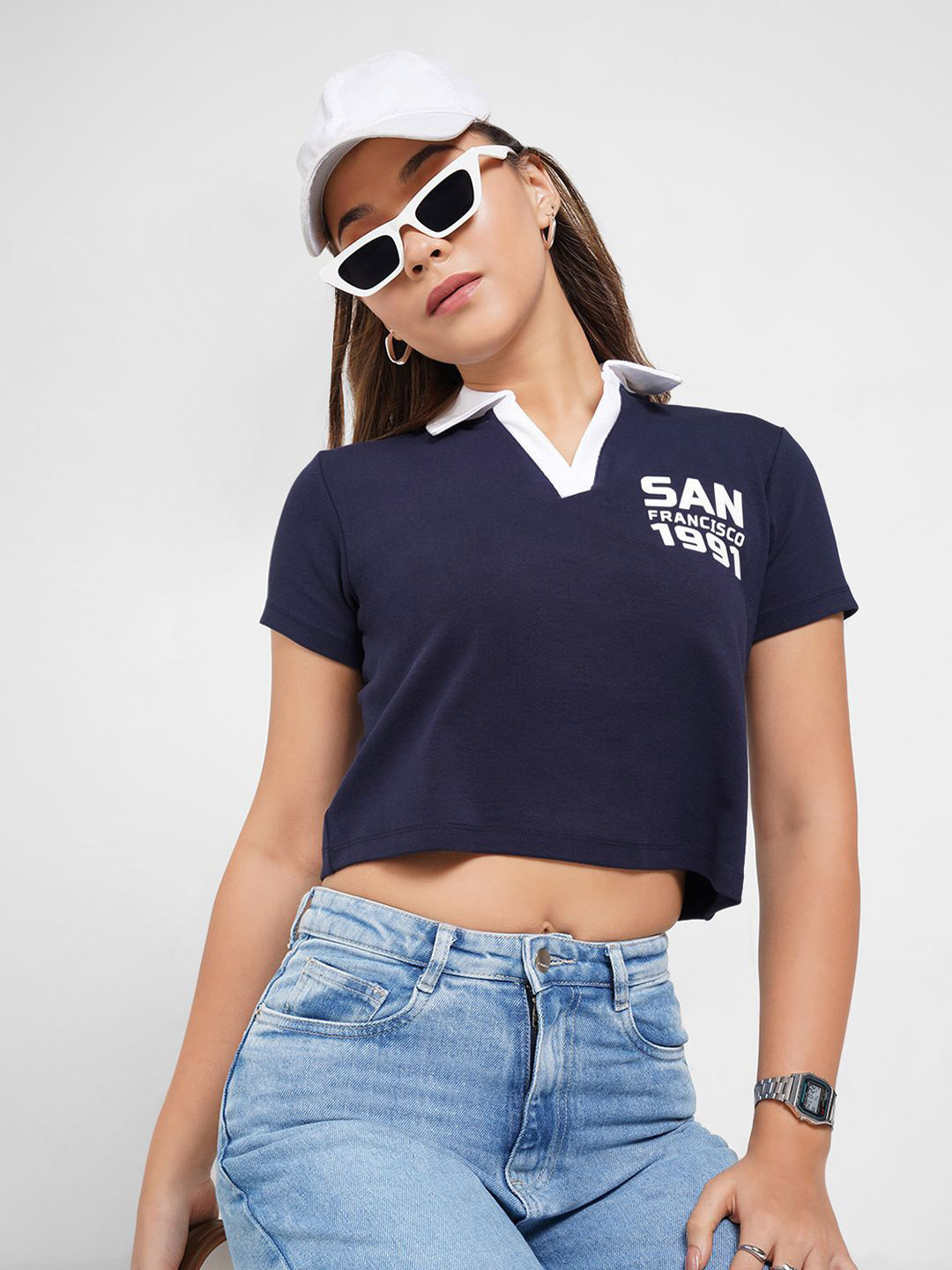 SF JEANS by Pantaloons Shirt Coller Printed Crop Top