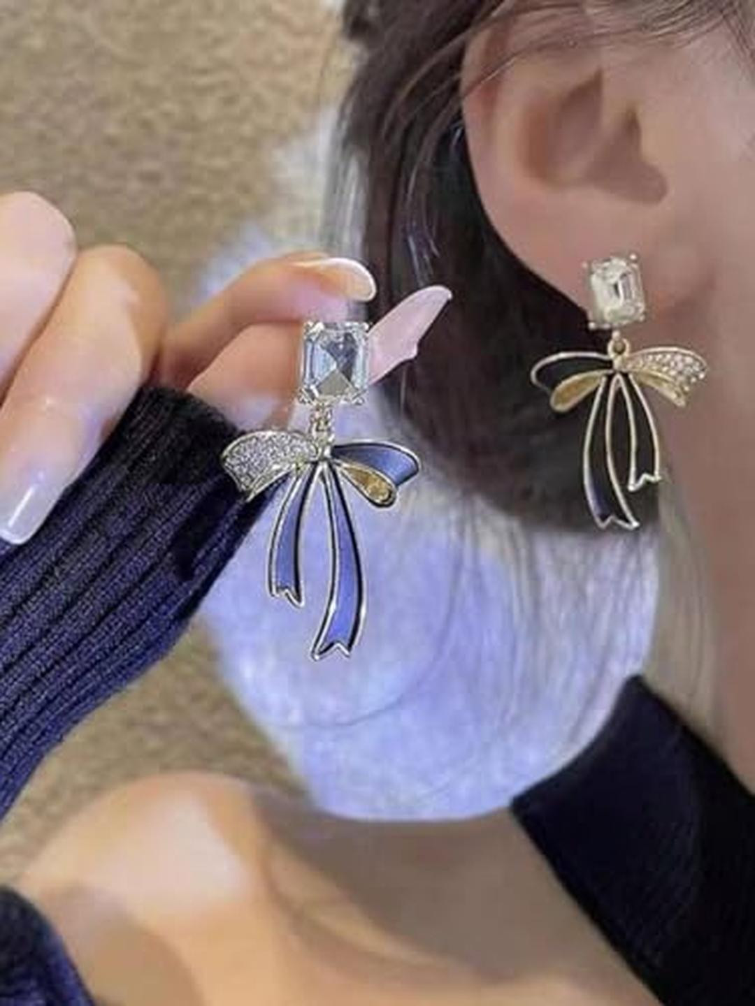 Aurelva Black and Gold Rhinestone Bow Drop Studs Earrings