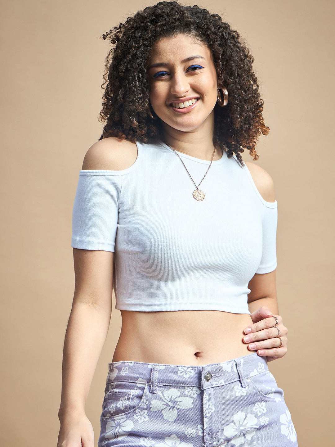 R.Code by The Roadster Life Co. Ribbed Cold-Shoulder Sleeves Fitted Crop Top