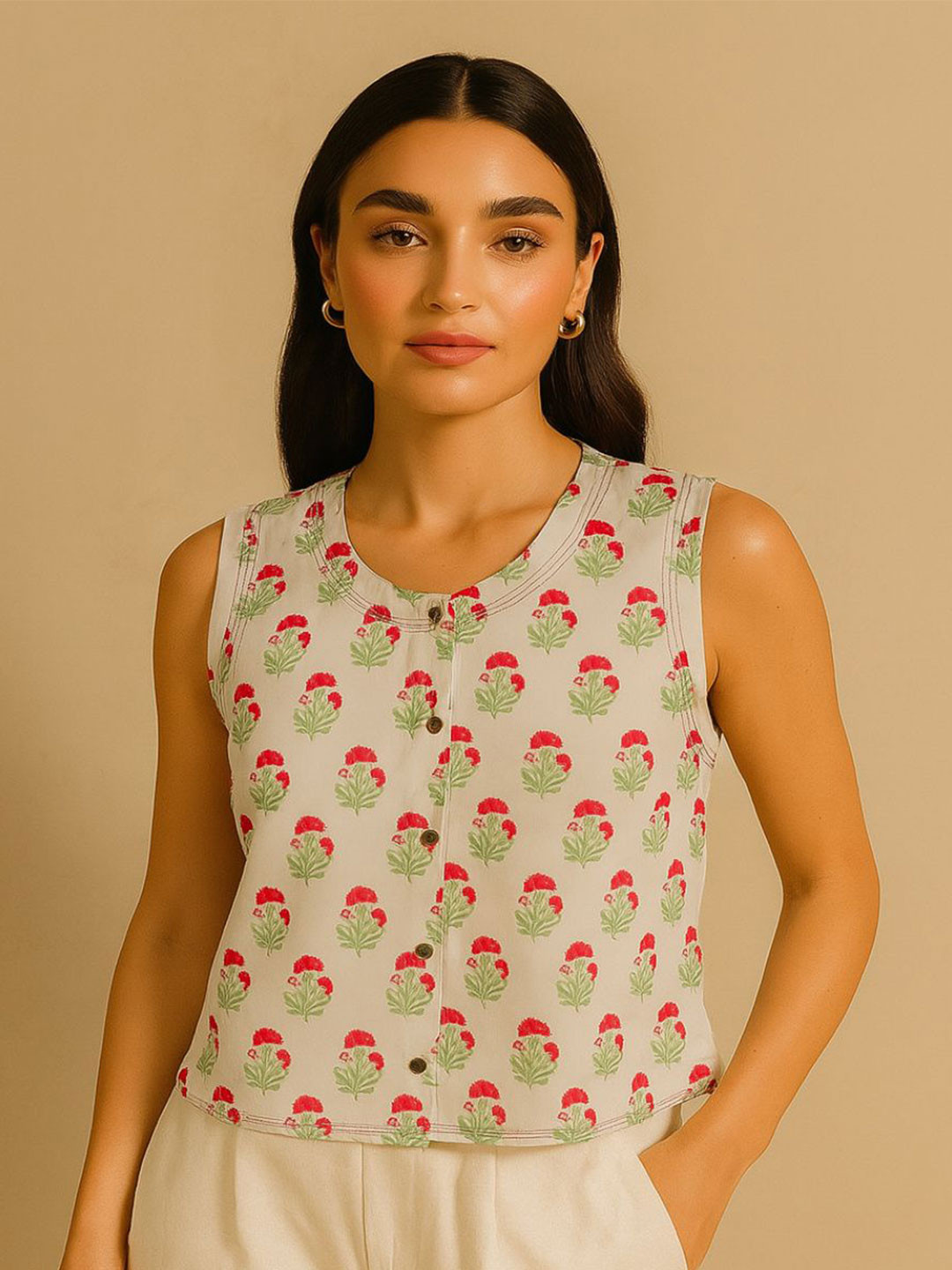 SANSKORI Women Floral Printed Shirt Style Crop Top