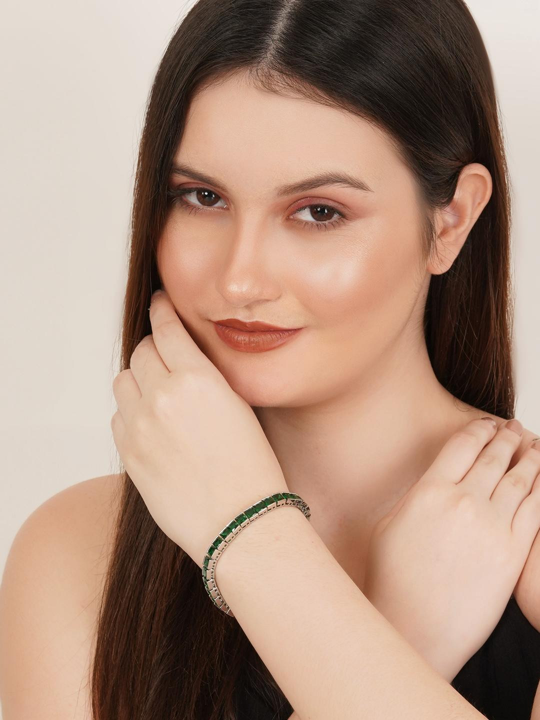 MILLER Women Green & Silver-Plated Stylish Tennis Bracelet