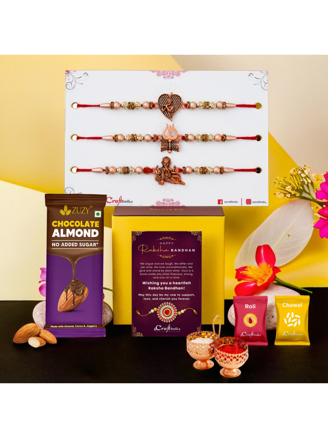 eCraftIndia 3-Pc Trishul Damru Ganesha Krishna Rakhis & Chocolate With Roli Chawal Gifts