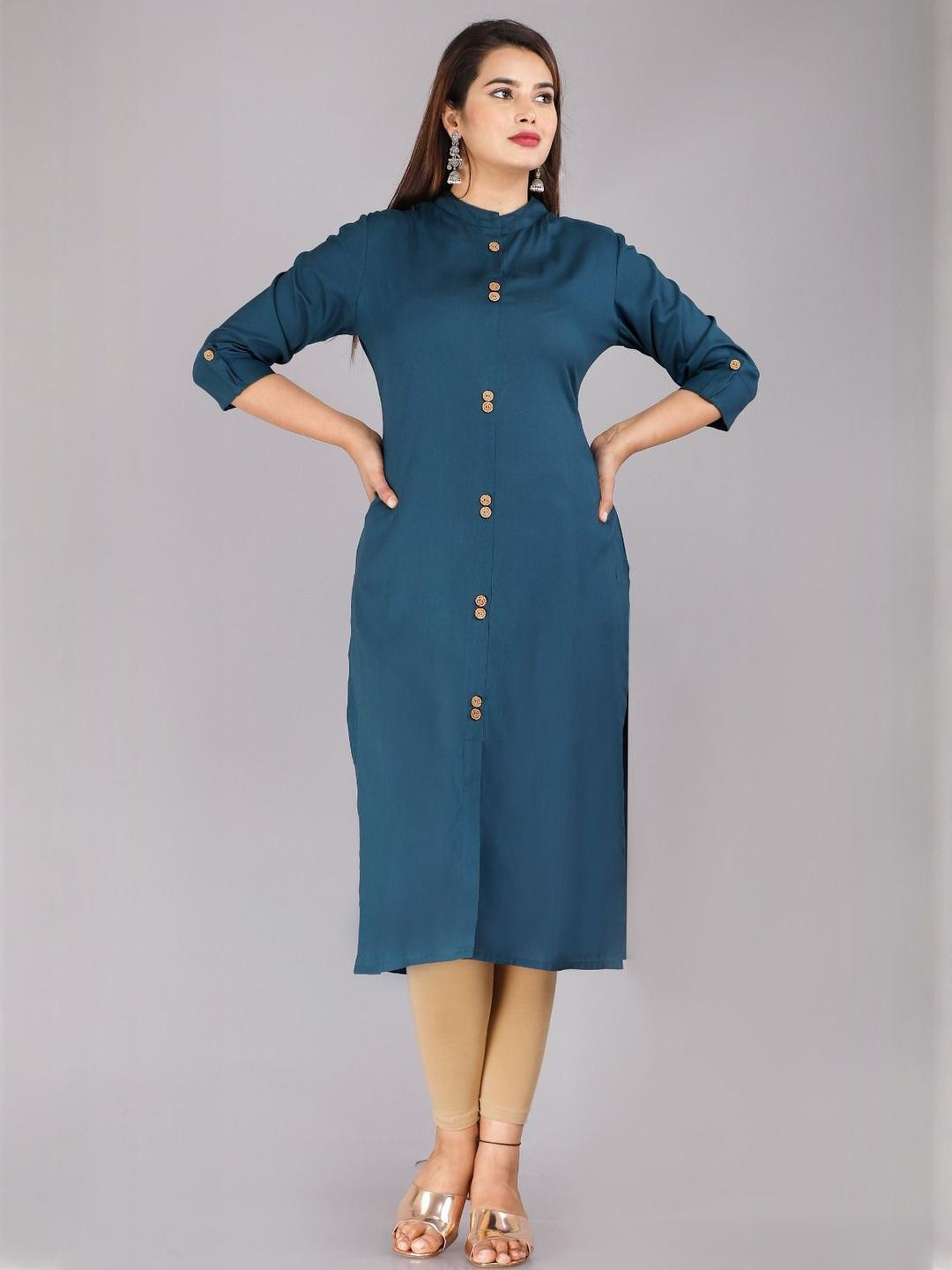 PYARELAL Women Plain Rayon Frontslit Kurta (Green)