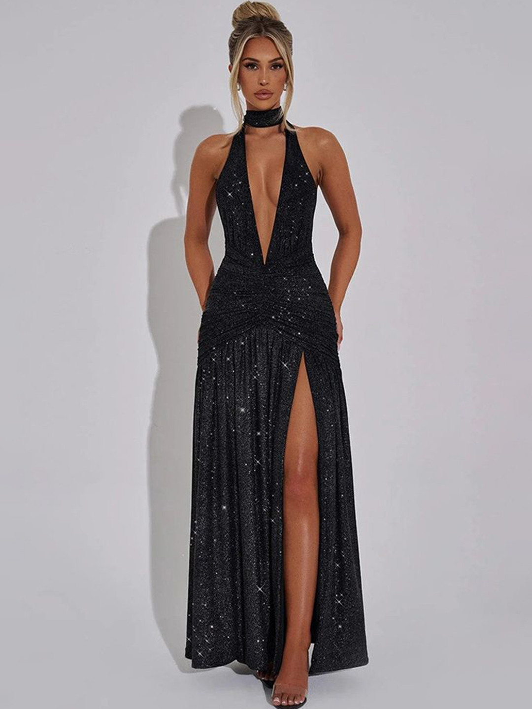 LULU & SKY Black Plunge Neck Maxi Dress