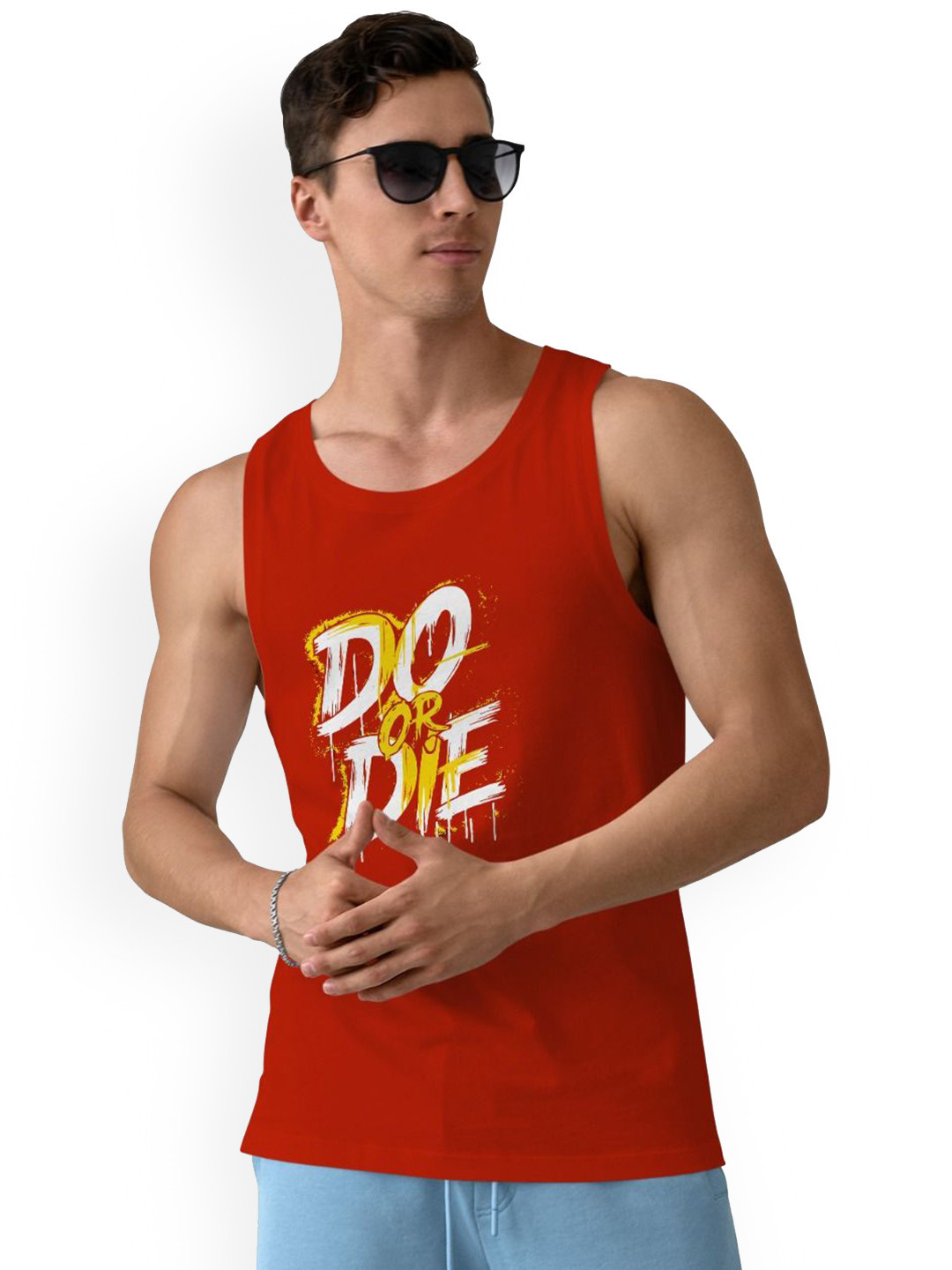DAB SHARK Printed Cotton Gym Vest DAB-SHARK-08-RED-XS