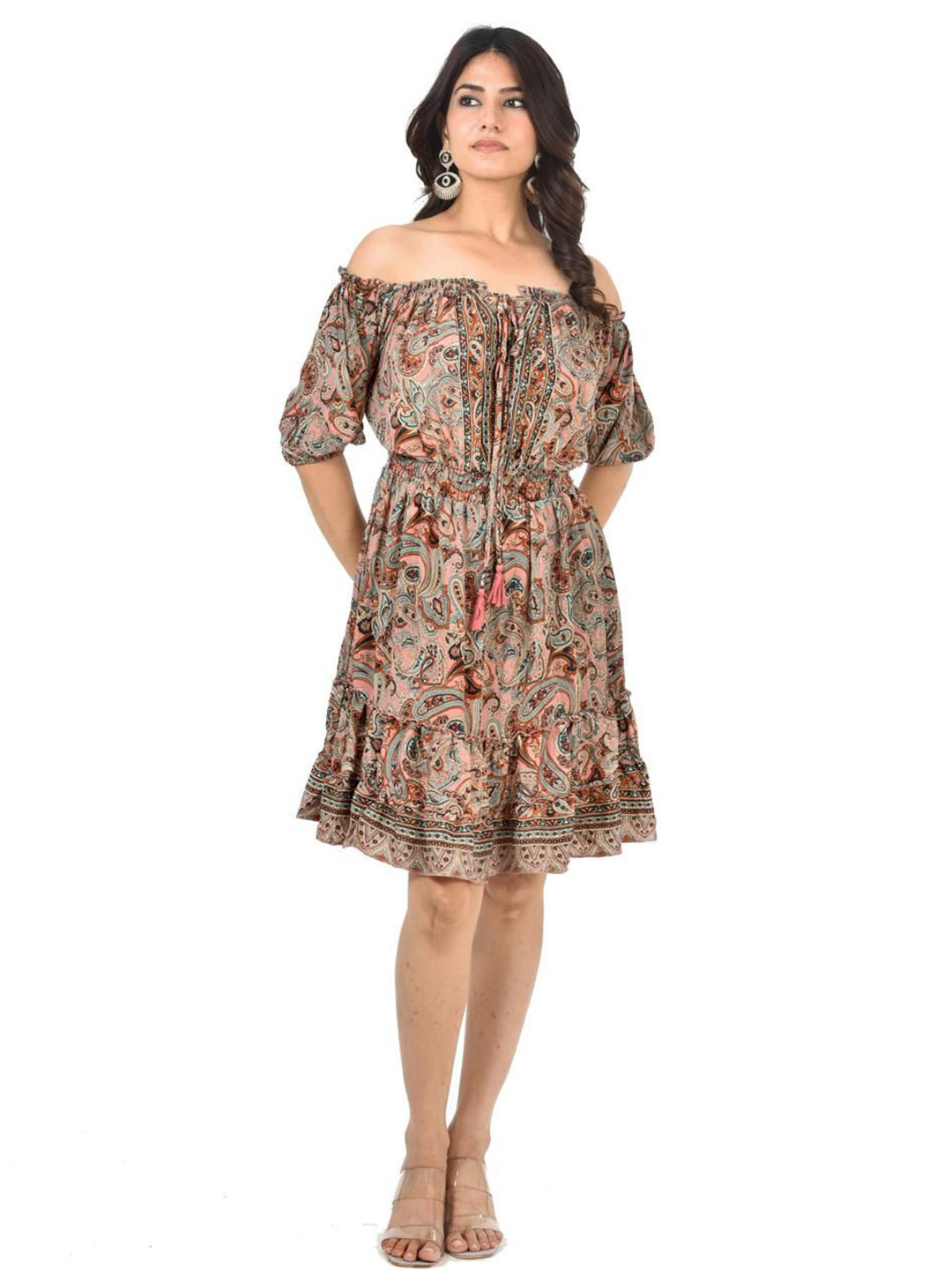 ADC SHEMONA Women Bohemian Printed Off-Shoulder Silk Fit & Flare Dress