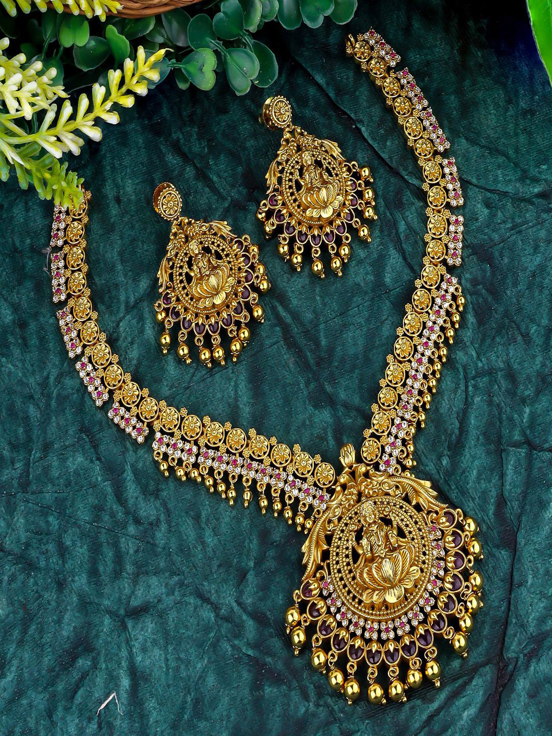 Talish Gold-Plated Stone-Studded & Beaded Jewellery Set