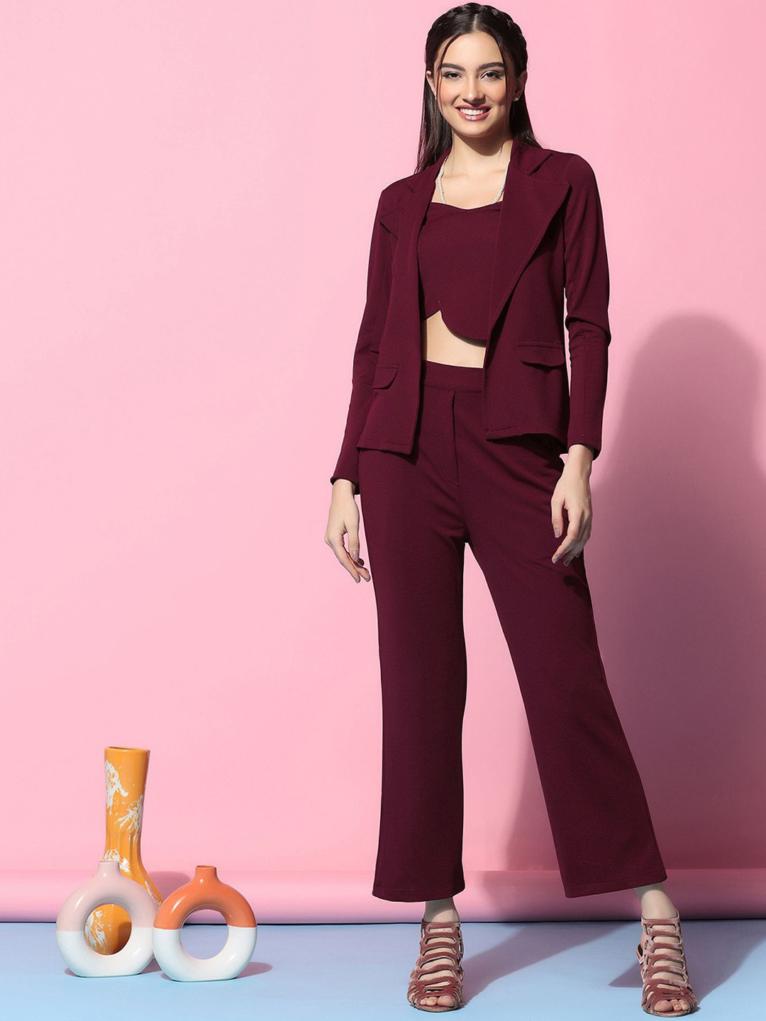 WATAY V-Neck Sleeveless Top & Jacket With Trousers Co-Ords