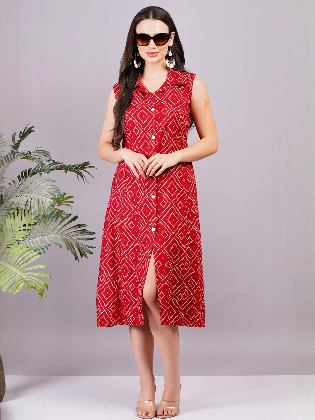 Jyoti Women Red-Bandhani Viscose Rayon Dress