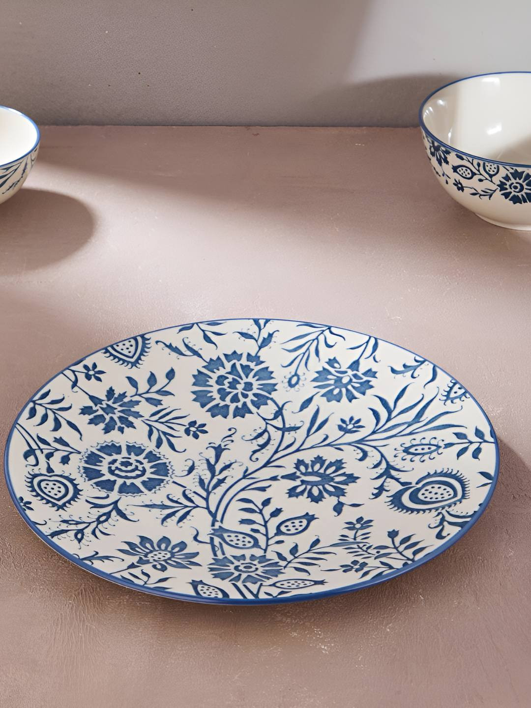 Fabindia Nargis Blue & White Floral Printed Ceramic Plate