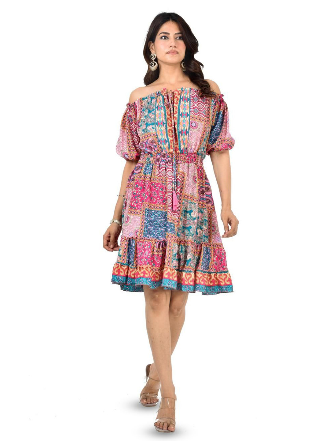 ADC SHEMONA Angelina Women Bohemian Printed Puff Sleeves Fit & Flare Midi Pink dress