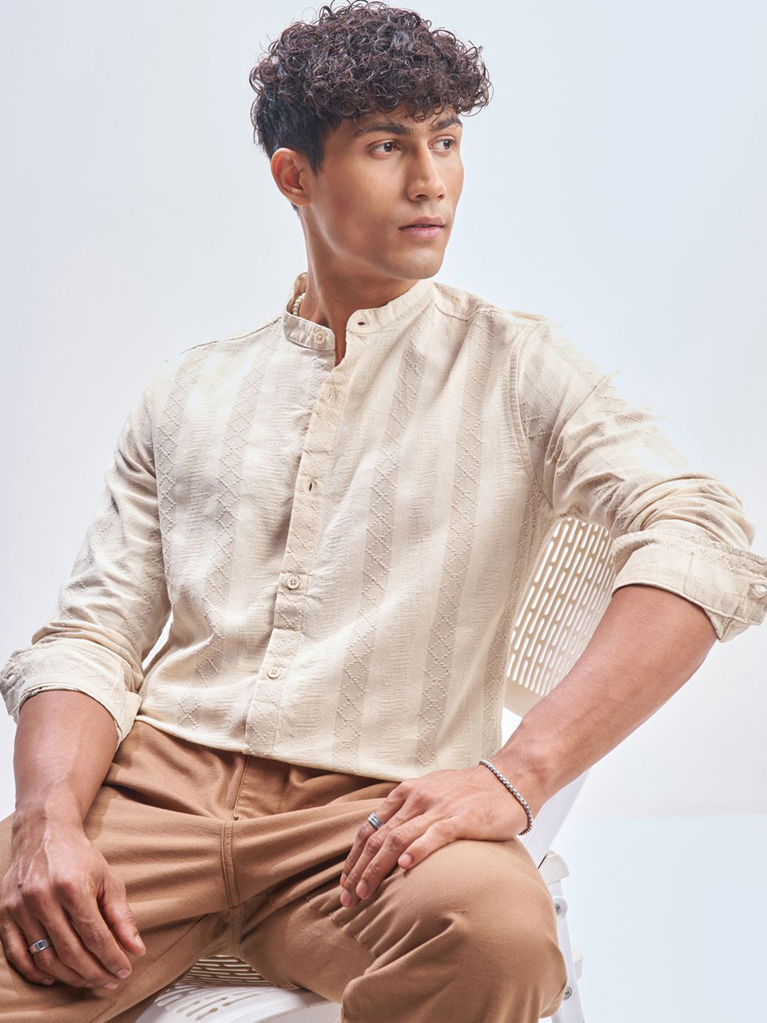 HIGHLANDER Textured Mandarin Collar Cotton Casual Shirt