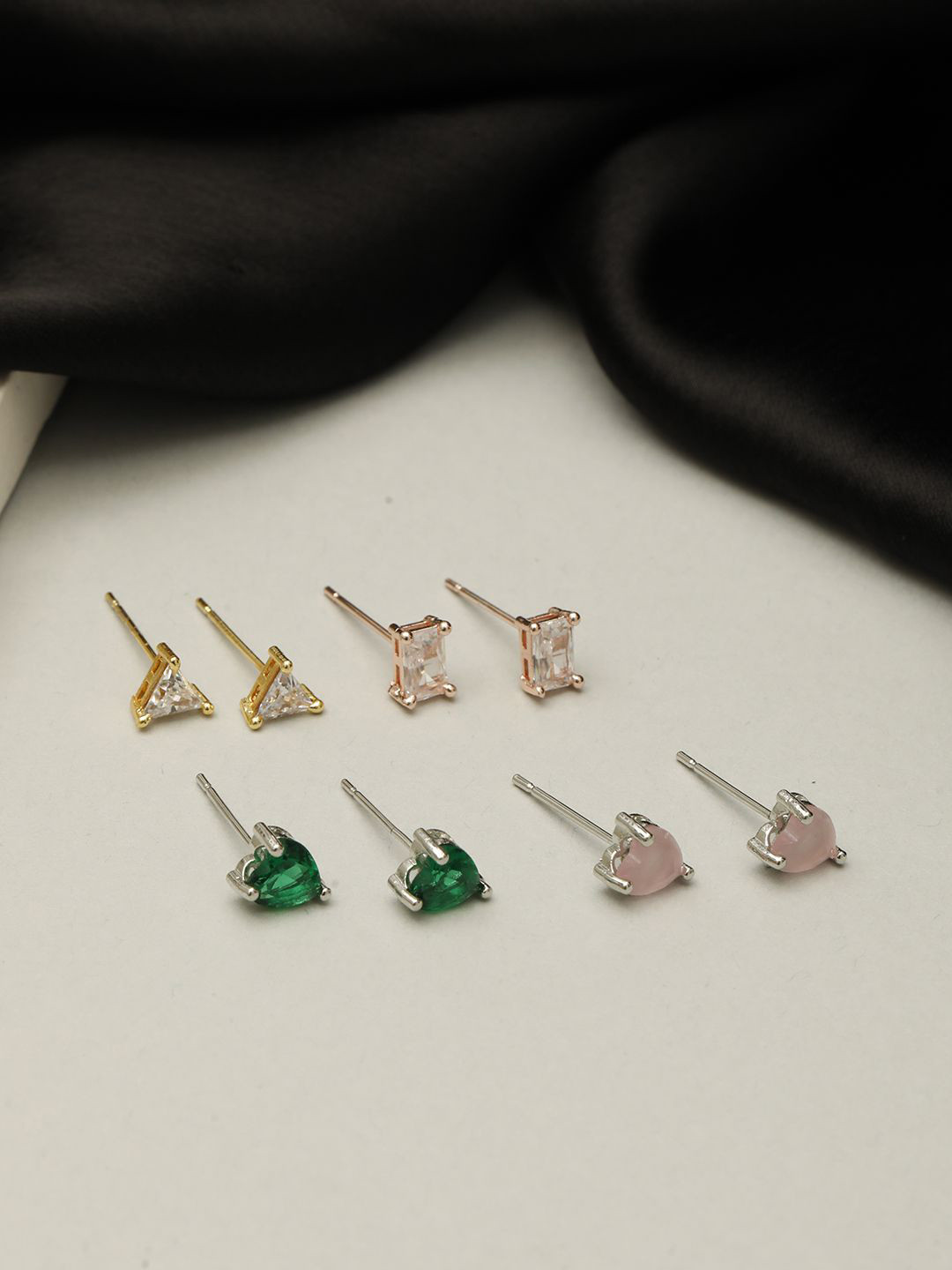 VIVAZS Set Of 4 Silver-Plated American Diamond Studded Heart Shaped Studs
