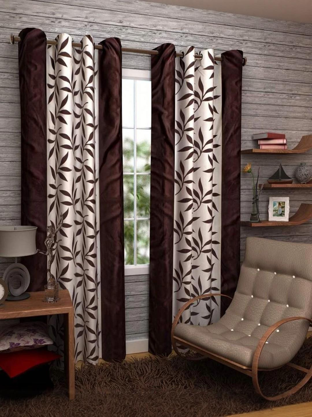 273 cm (9 ft) Polyester Semi Transparent Long Door Curtain (Pack Of 2) (Floral, Coffee)