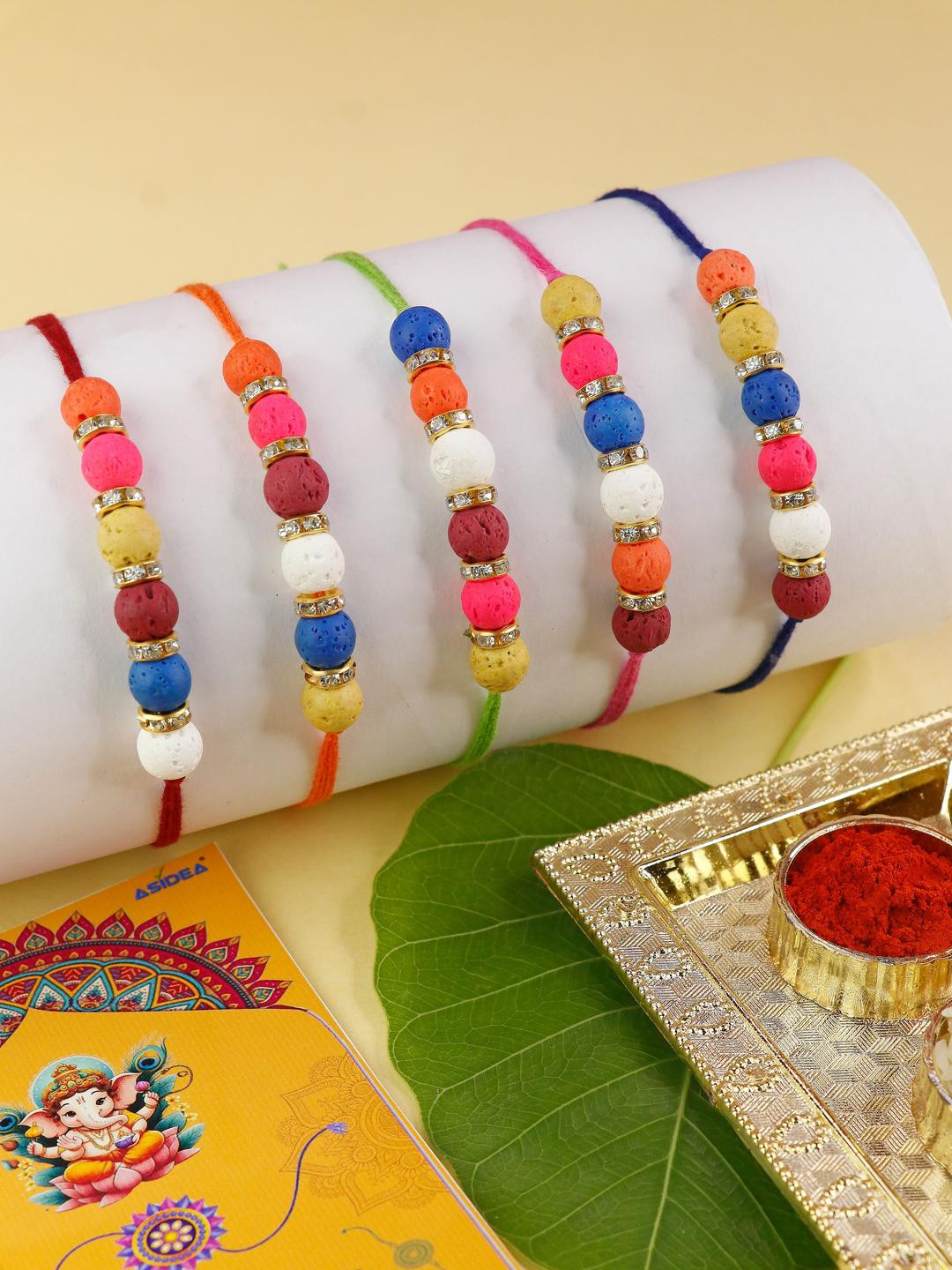 ASIDEA Set Of 5 Thread & Beaded Brother Rakhi Gift set