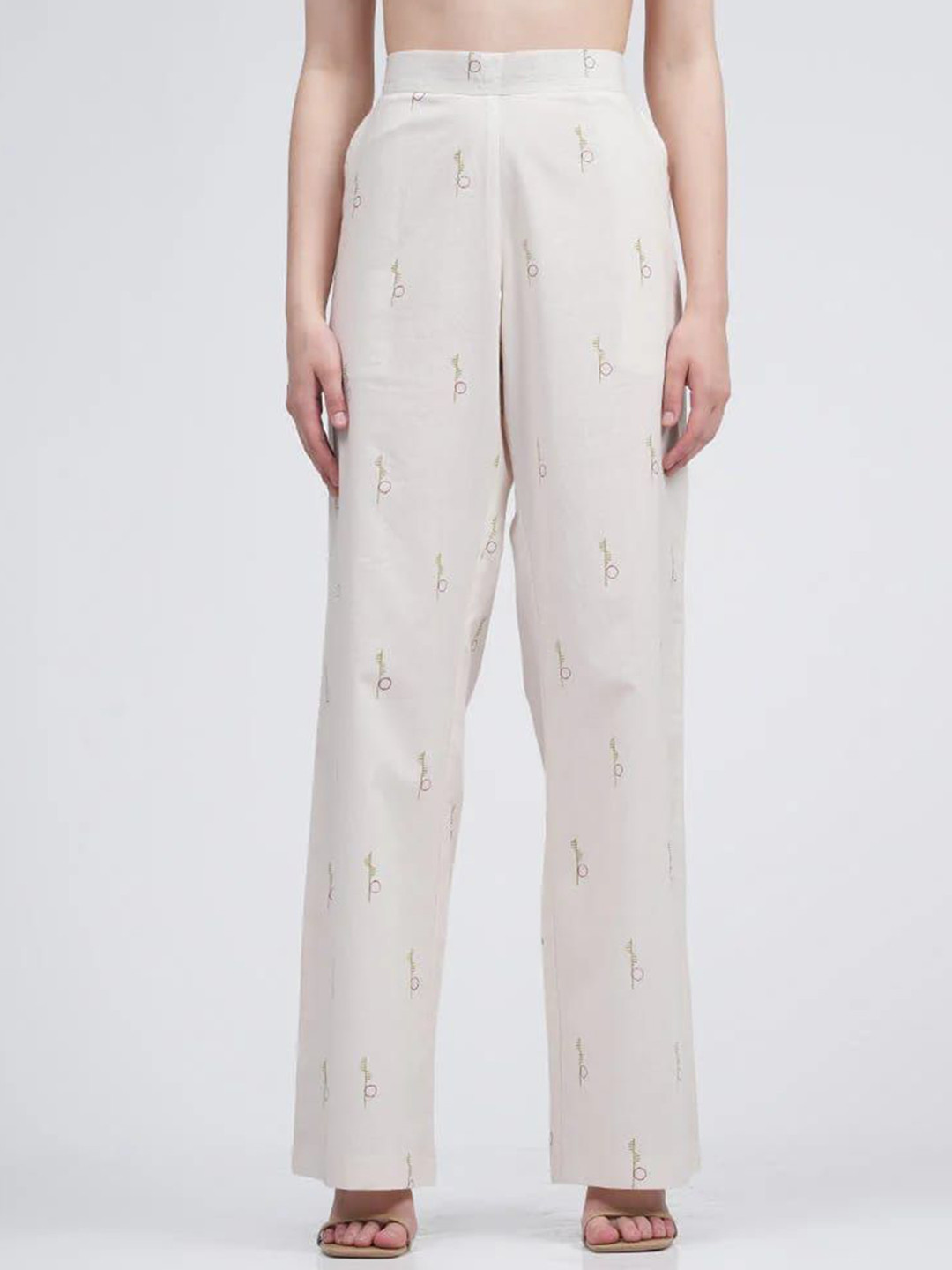 Saltpetre  Women Organic cotton Cream Block Print Flat front Pant