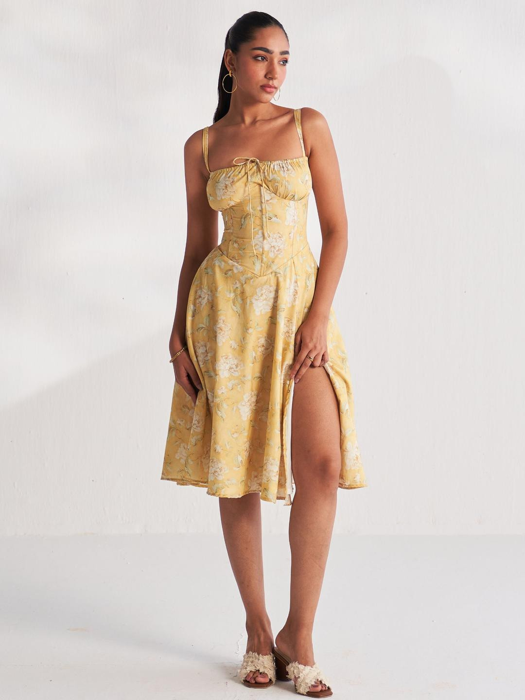 ROZE Women Yellow Floral Print Fit & Flare Dress