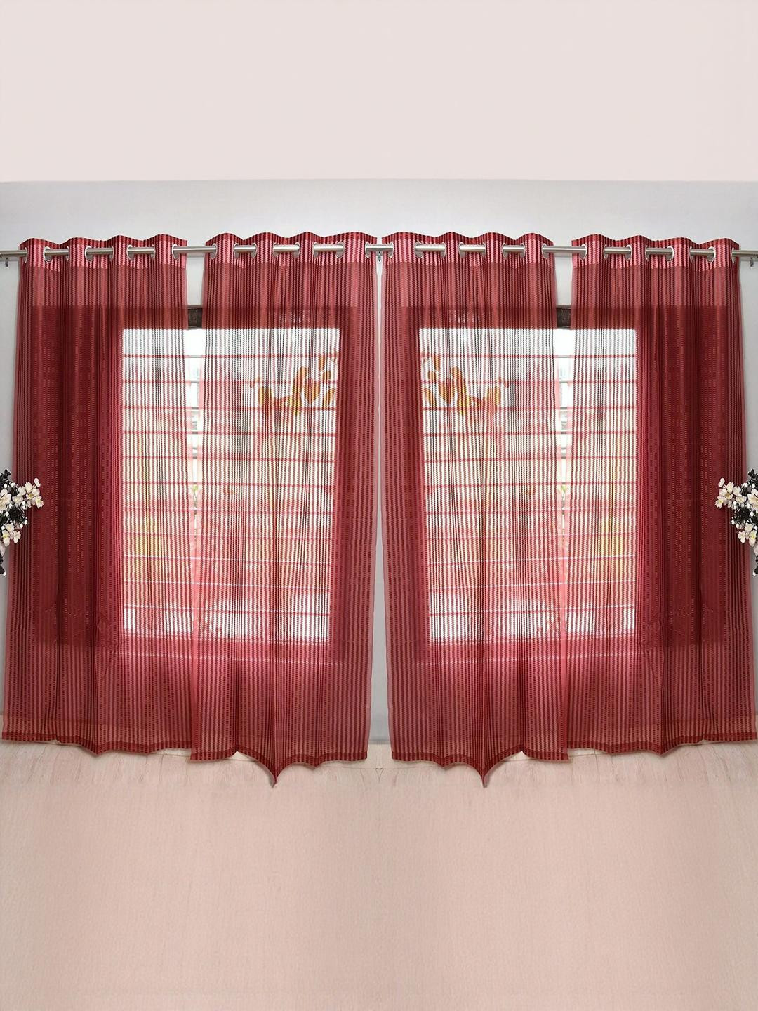 BELLA TRUE 270 cm (9 ft) Tissue Transparent Long Door Curtain (Pack Of 4) (Self Design, Maroon)