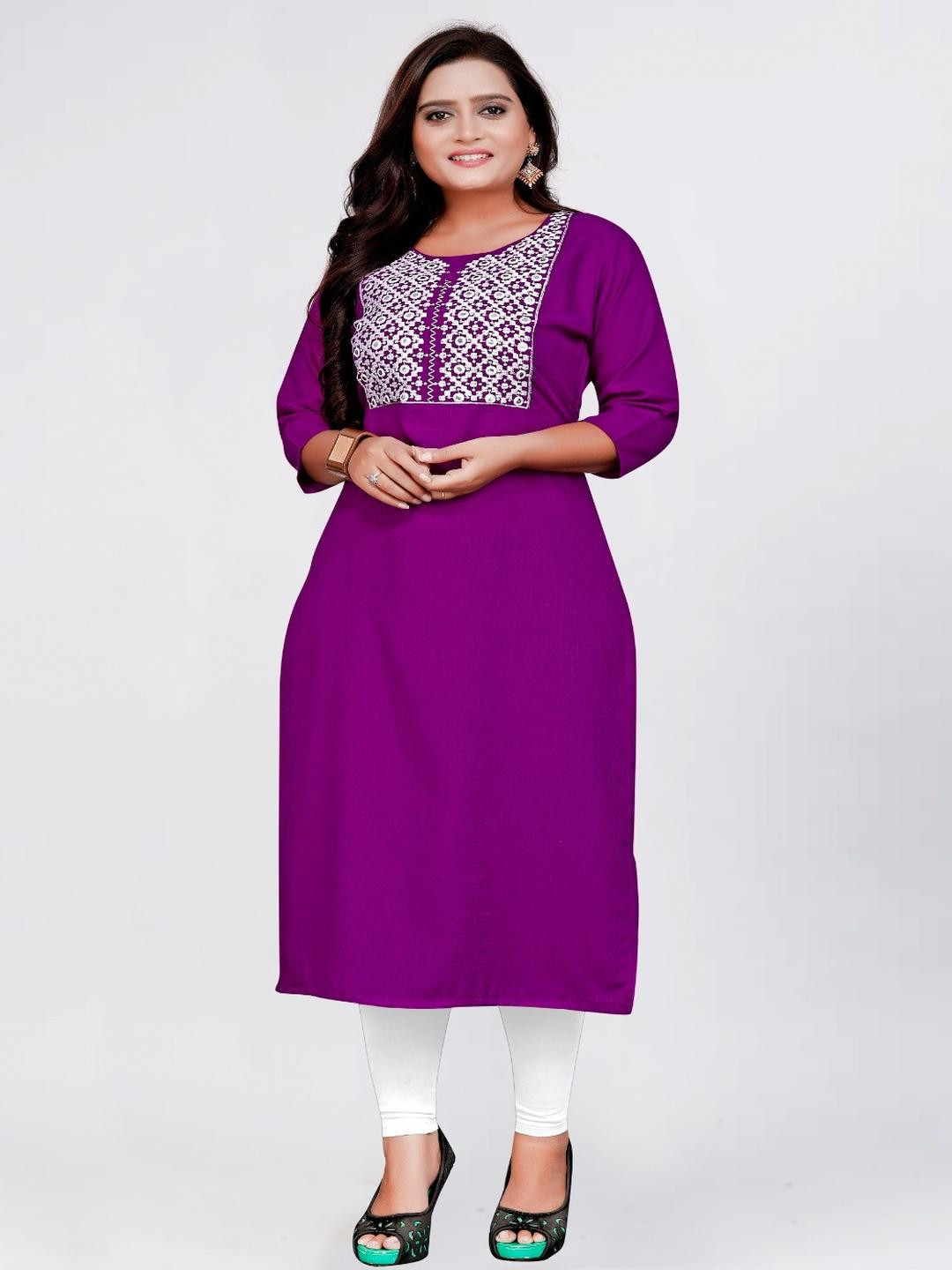 KURTI ZONE Women Purple & White Embroidered Kurti