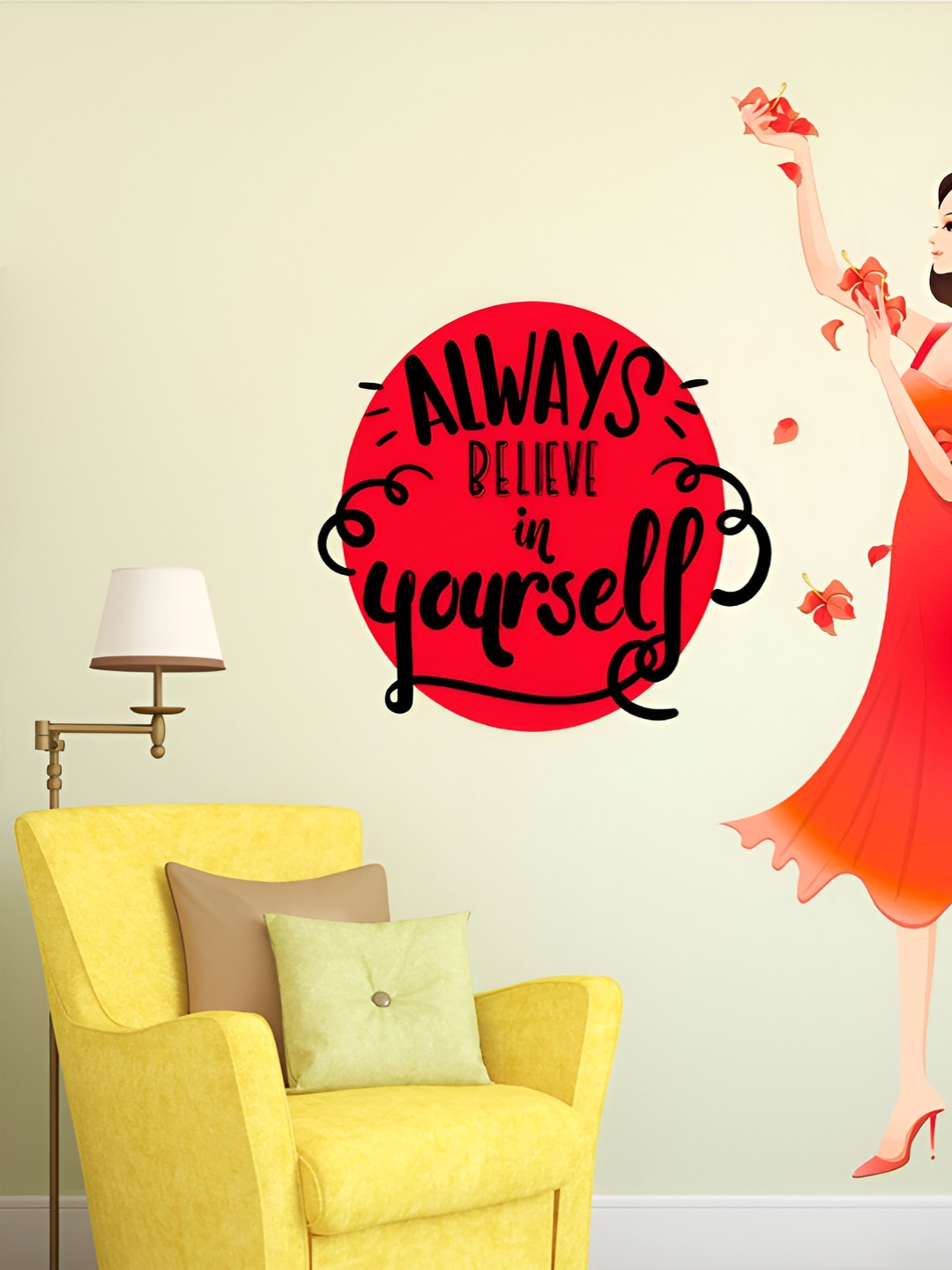 LANSTICK Red & Black Girl with Butterflies Printed Matte Finish Wall Sticker