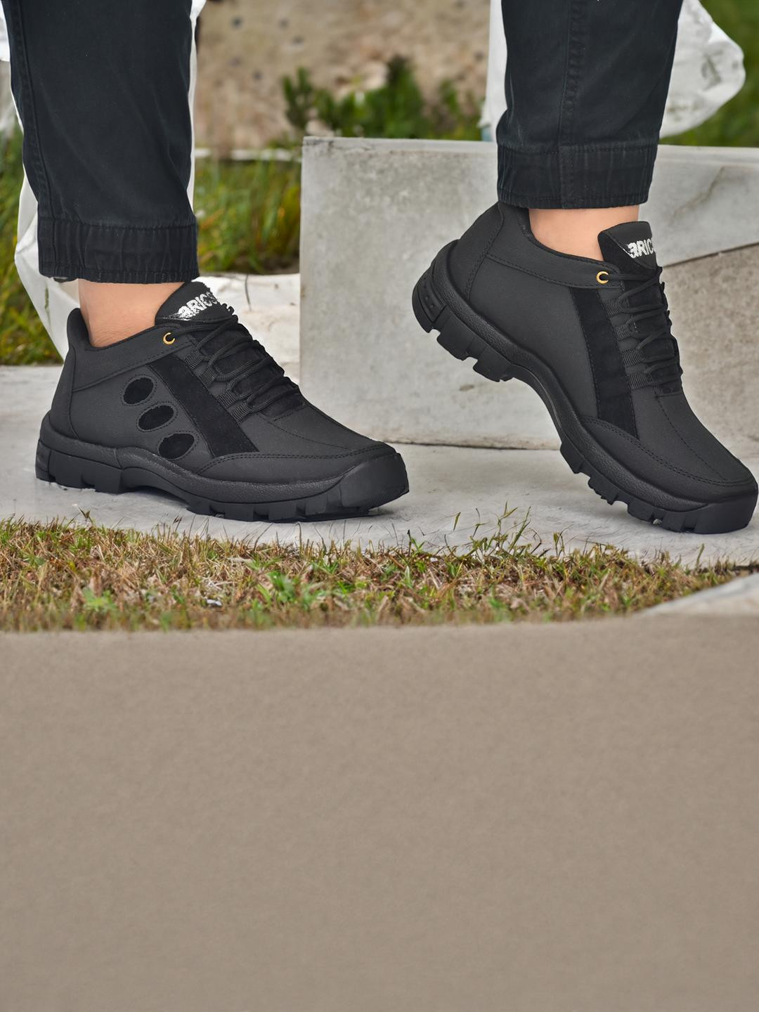 Arics Men Black Leather Lace-Up Trekking Shoes