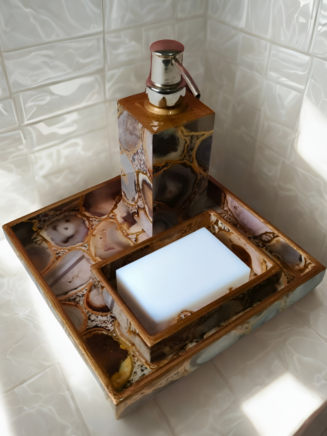 THE HOME CO. Grey & Brown 3 Pieces Abstract Wooden Matte Bath Accessories Sets