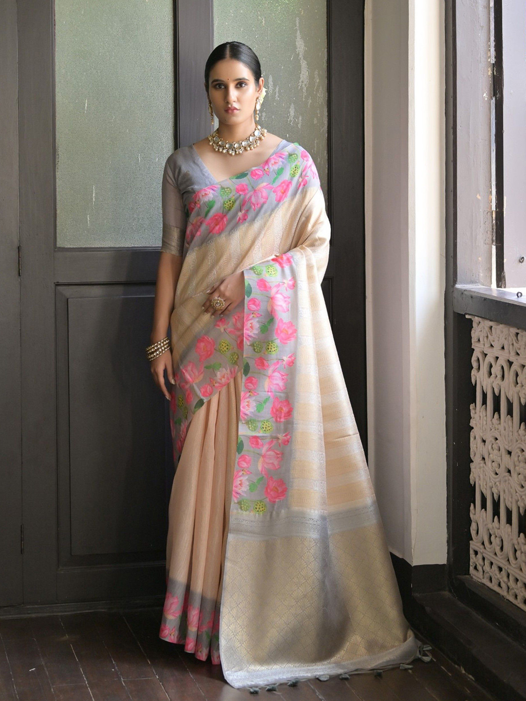 KALINI Ethnic Motifs Woven Design Lotus Printed Border Zari Saree