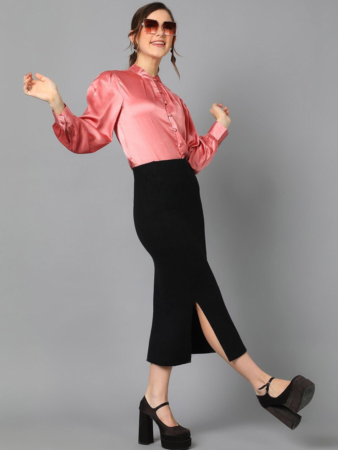 Stylecast X Kotty Mandarin Collar Cuffed Sleeve Satin Shirt Style Top