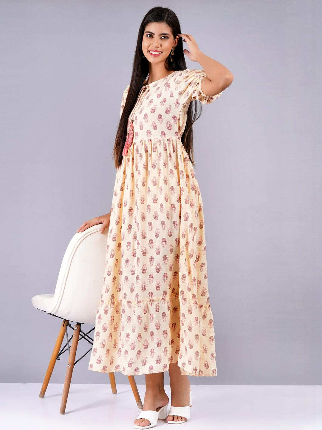 Jyoti Women Peach Viscose Rayon Floral Print Dress