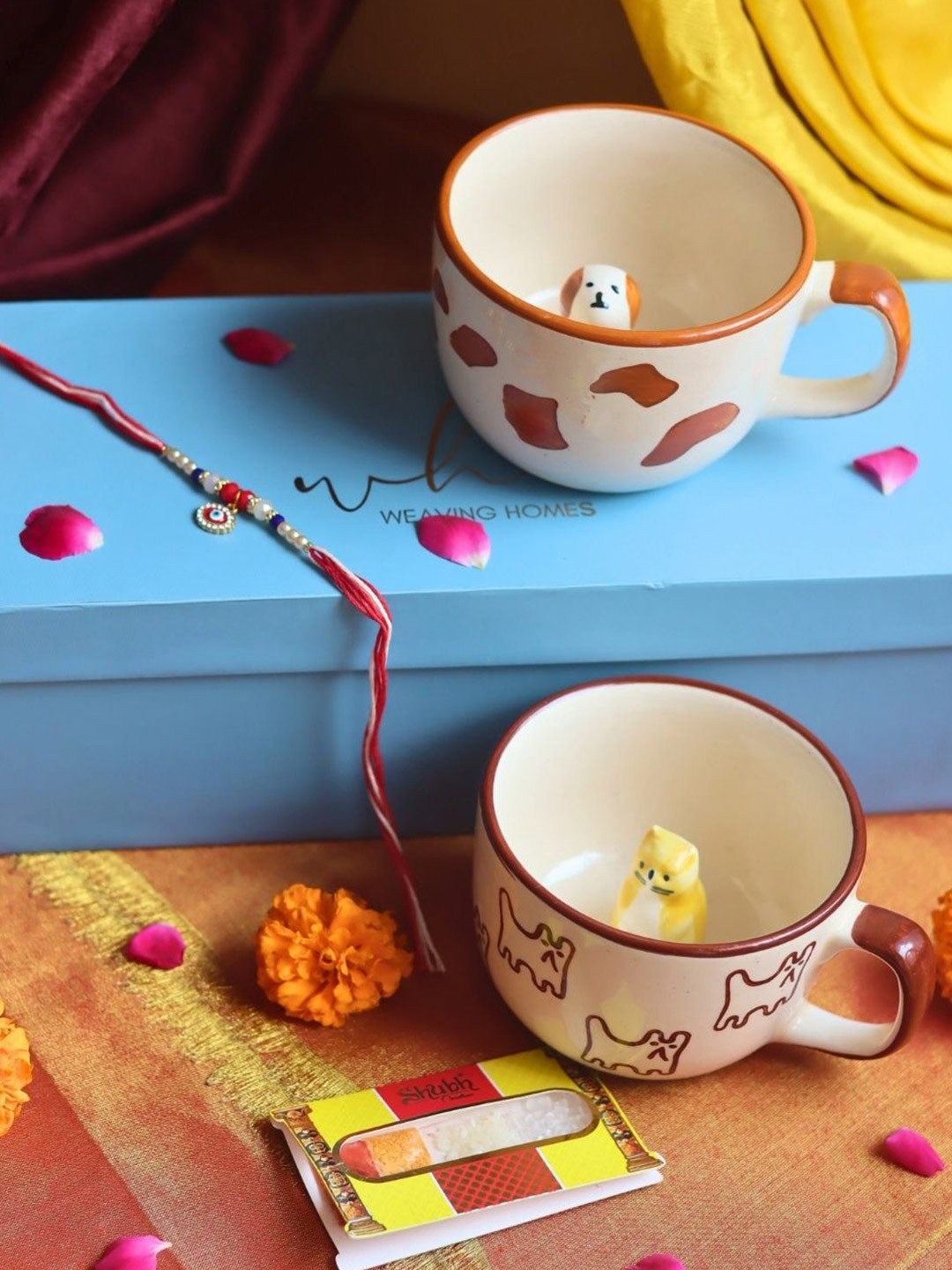 WEAVING HOMES Stone Studded & Beaded Thread Rakhi With 2 Pieces Dog & OG Mugs