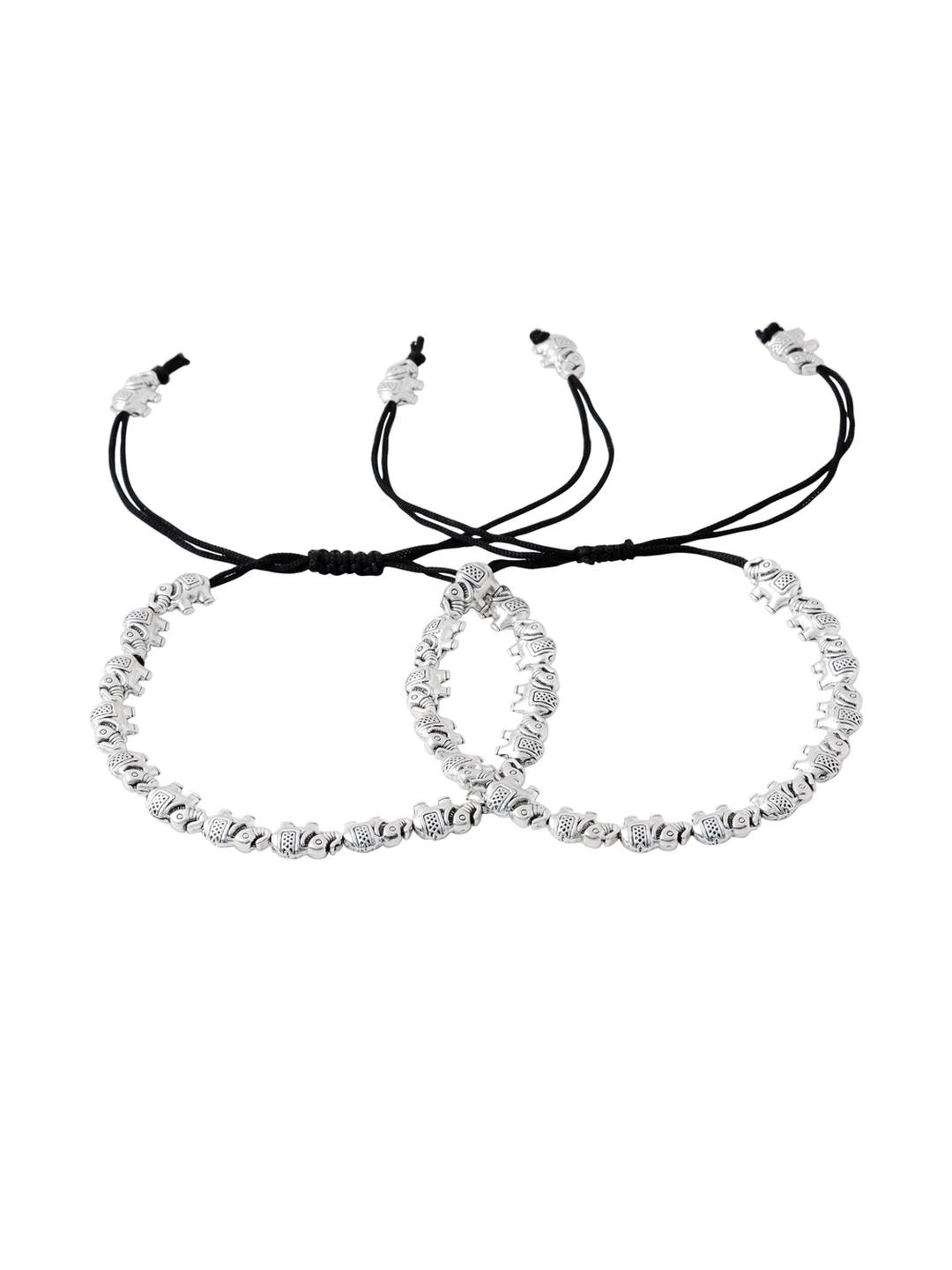 Samsiddhi Silver-Plated Elephant Design Charm Oxidised Adjustable Anklets