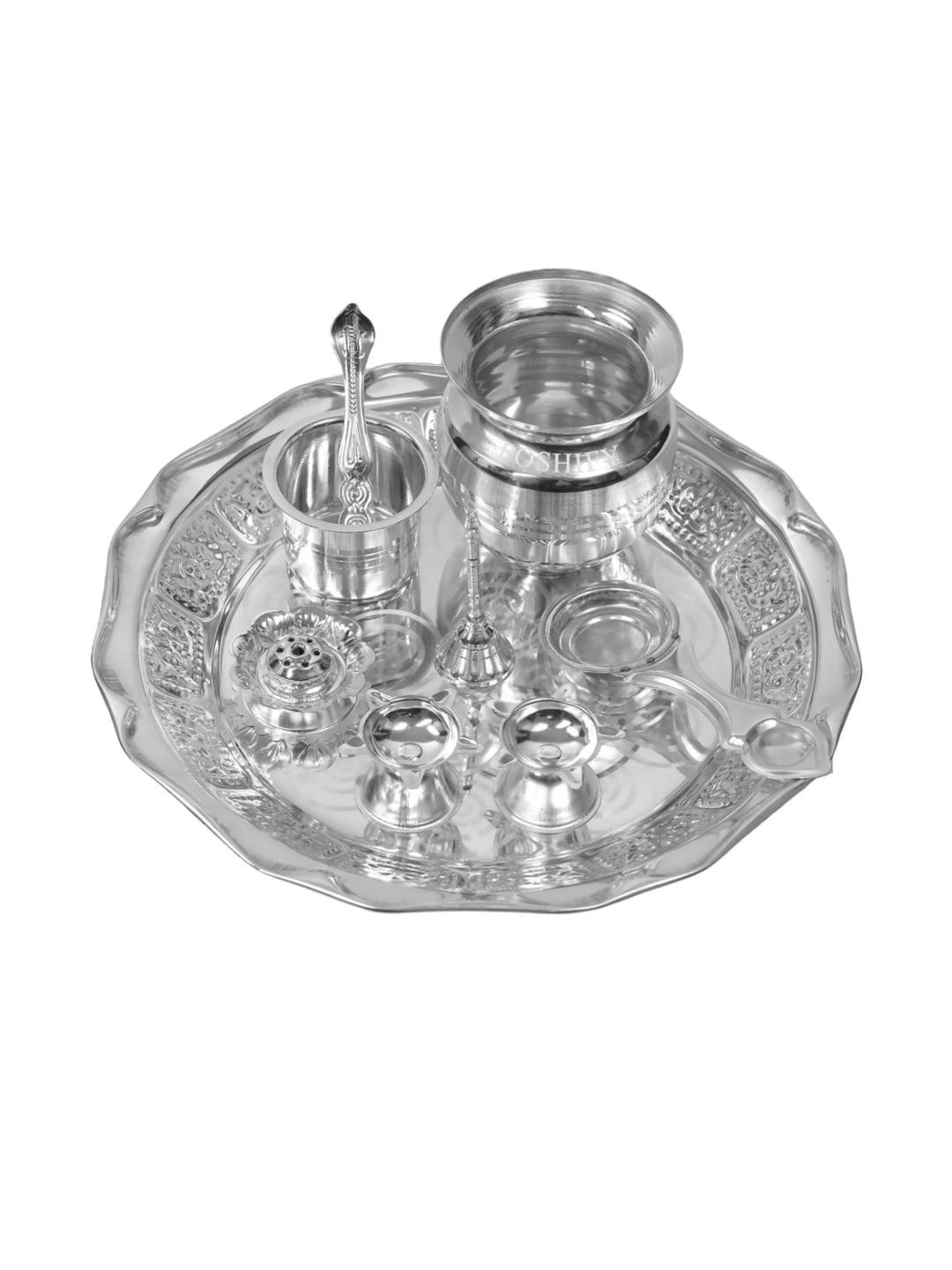 POSHIFY Silver Pooja Set Of 8 German Silver Set of  Diya Bell Agarbatti Stand & Plate