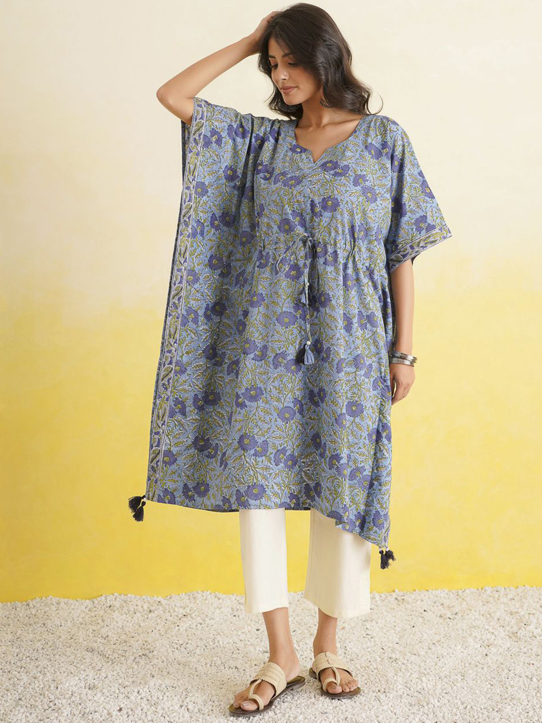 GOODHAND Women Floral Printed Flared Sleeves Pure Cotton Kaftan Kurta