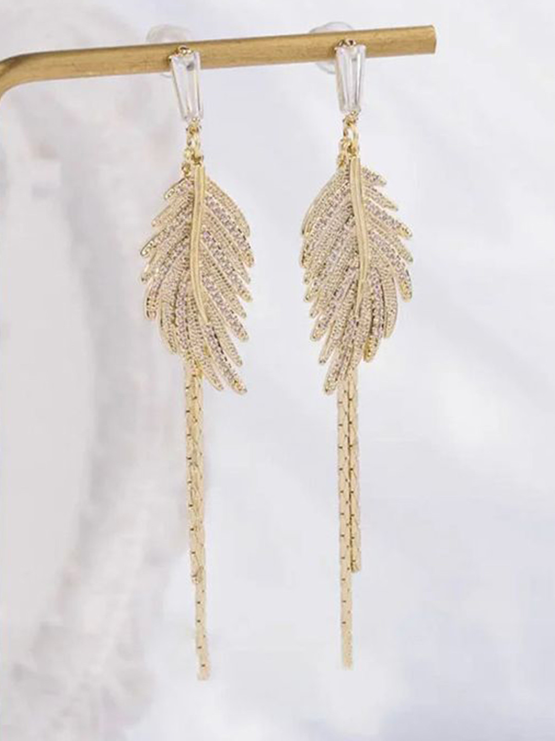Shining Diva Fashion Gold Plated Artificial Stones Studded Feather Shaped Drop Earrings