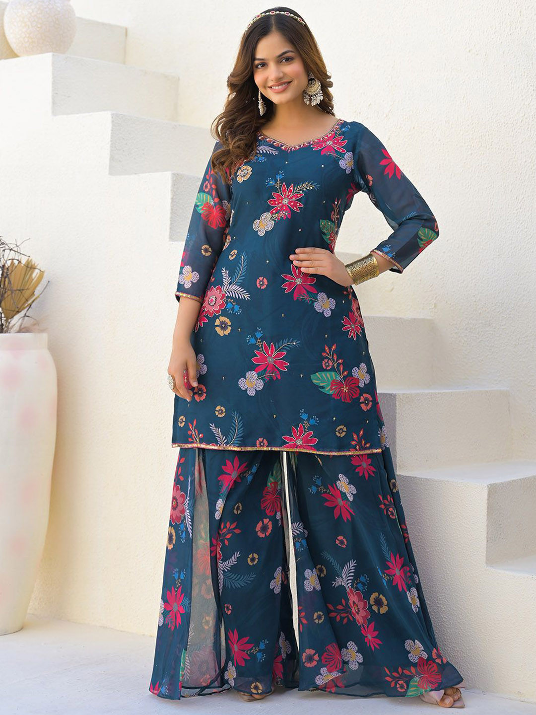 Meena Bazaar Floral Printed V-Neck Three-Quarter Sleeves Kurta With Sharara & Dupatta